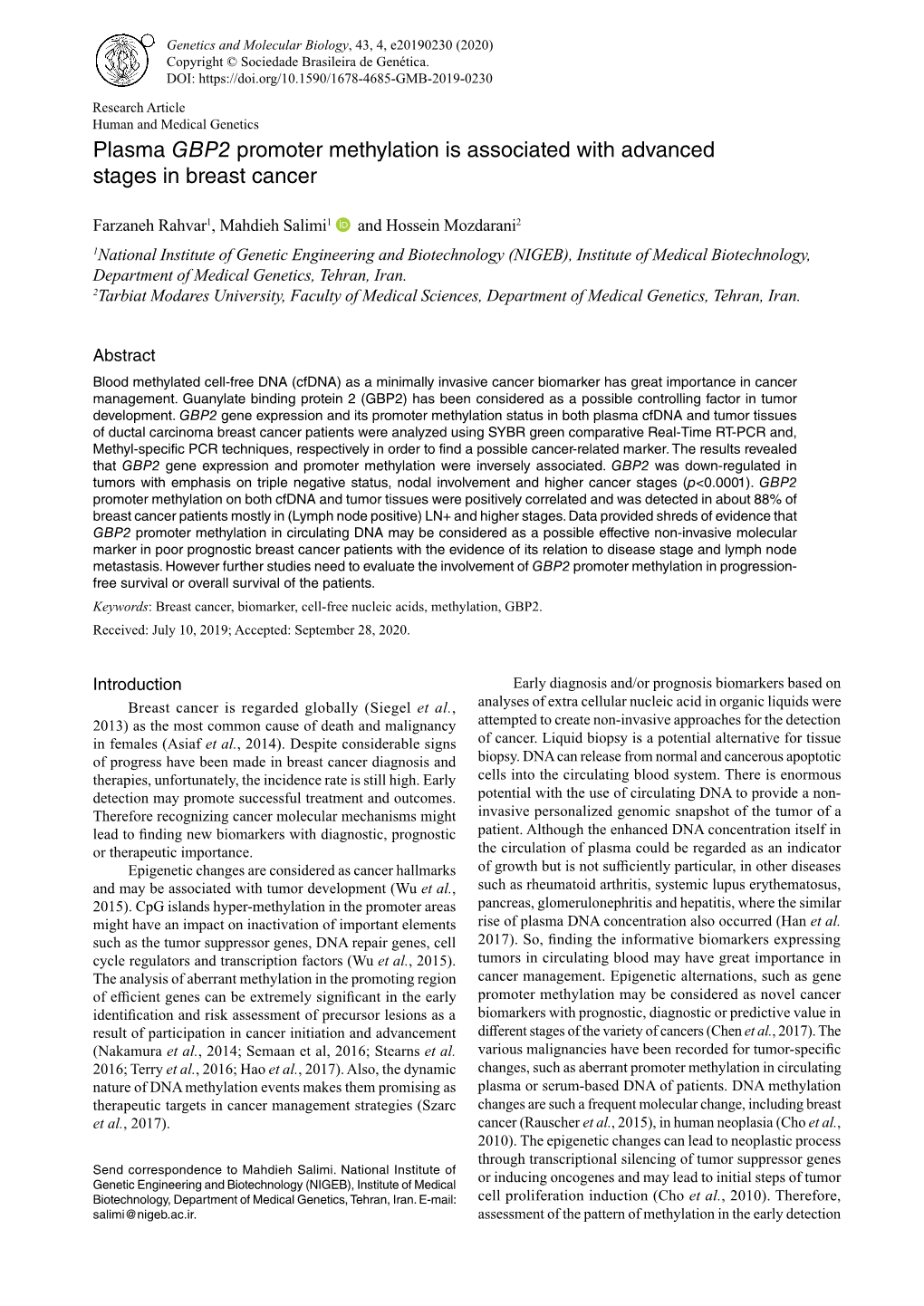 Genetics and Molecular Biology, 43, 4, E20190230 (2020) Copyright © Sociedade Brasileira De Genética