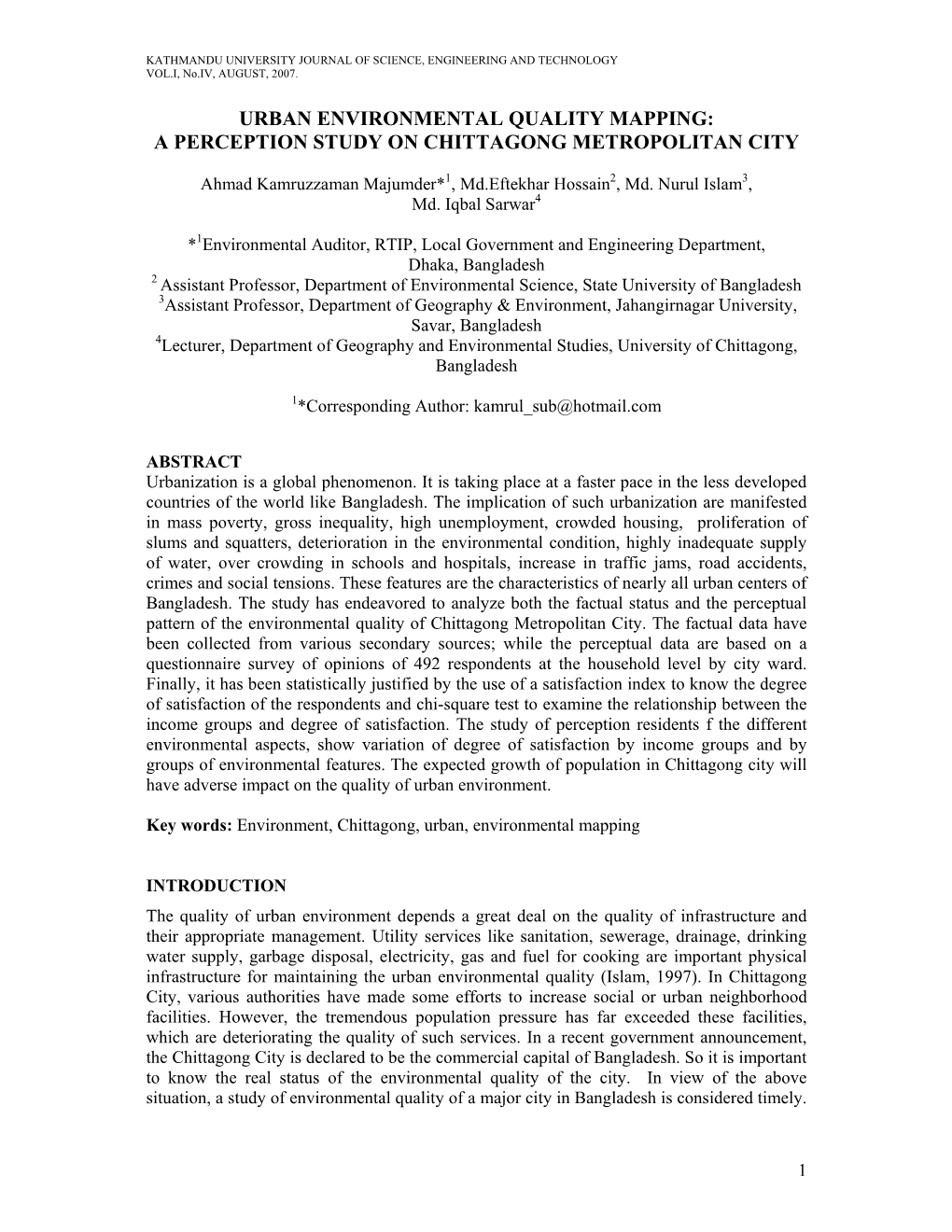 Urban Environmental Quality Mapping: a Perception Study on Chittagong Metropolitan City