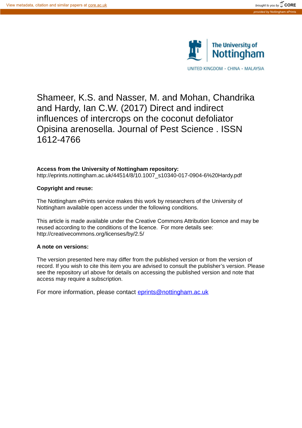 Direct and Indirect Influences of Intercrops on the Coconut Defoliator Opisina Arenosella