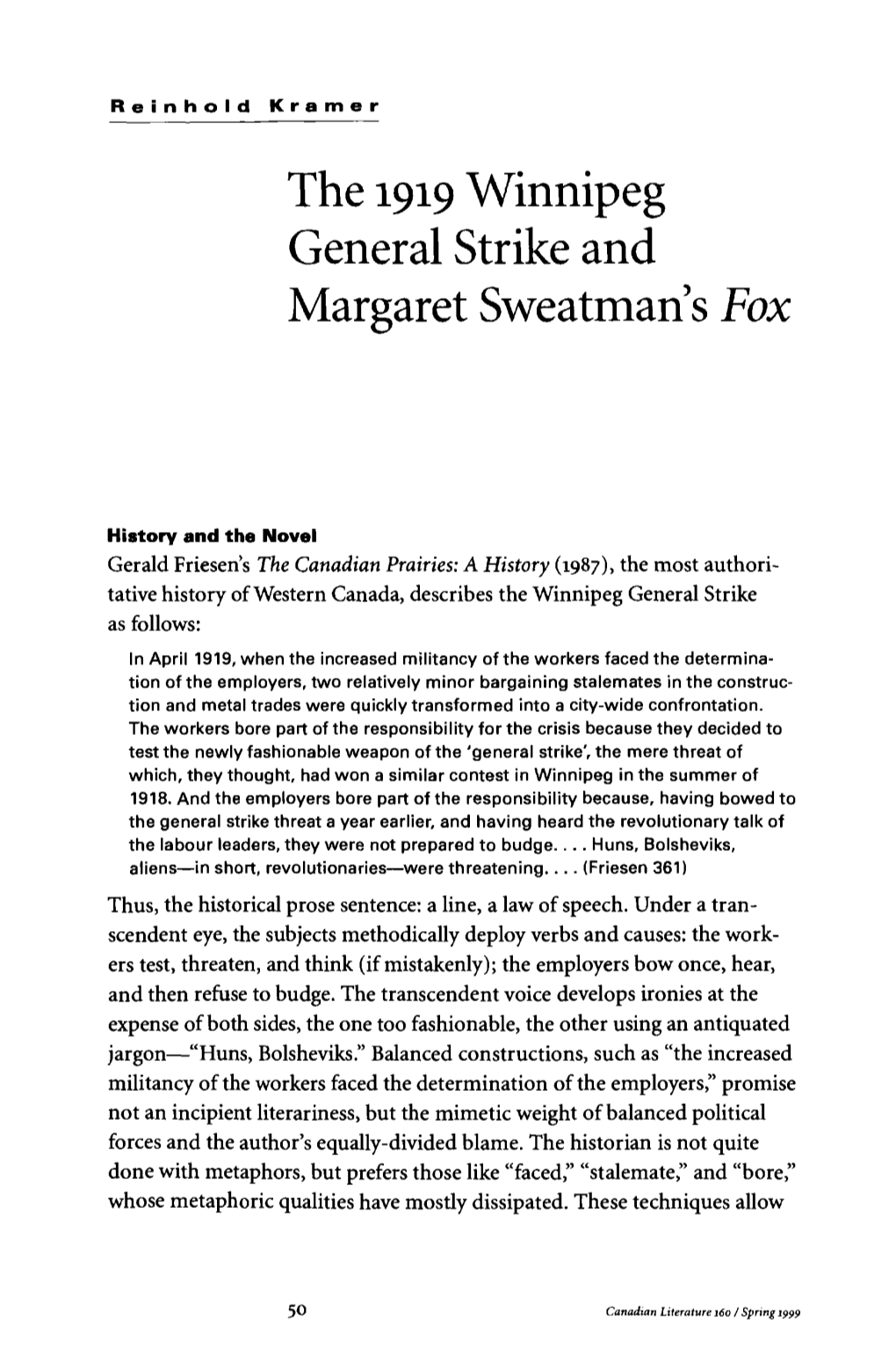 The 1919 Winnipeg General Strike and Margaret Sweatman'sfox
