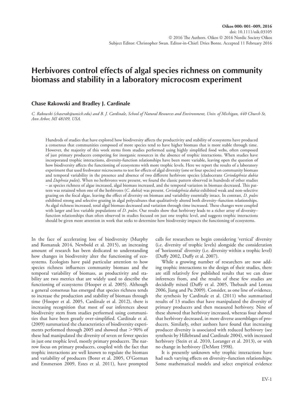 Herbivores Control Effects of Algal Species Richness on Community Biomass and Stability in a Laboratory Microcosm Experiment