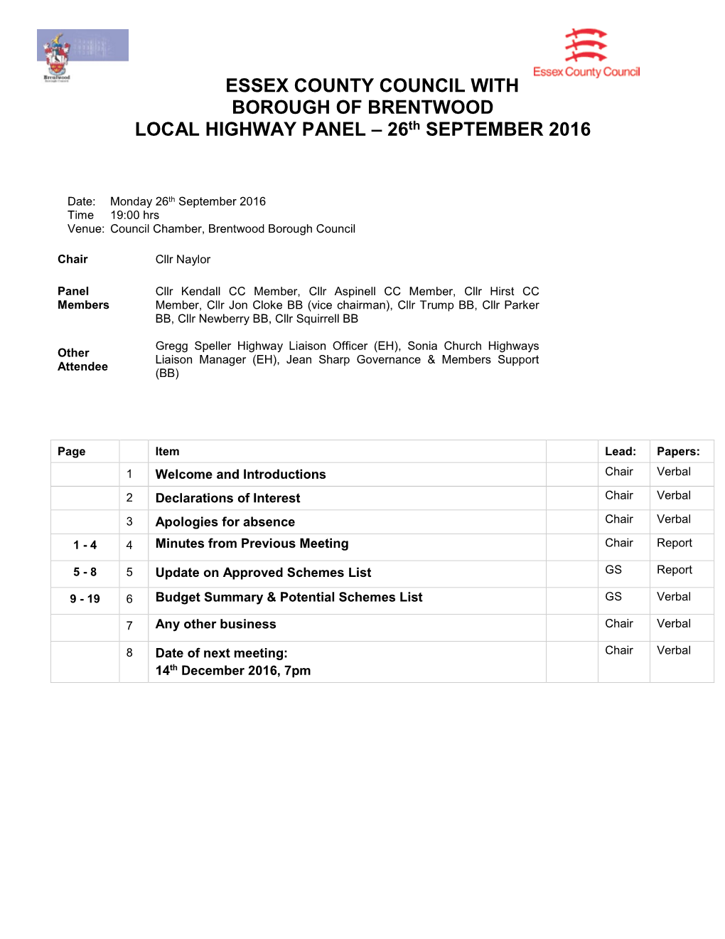 ESSEX COUNTY COUNCIL with BOROUGH of BRENTWOOD LOCAL HIGHWAY PANEL – 26Th SEPTEMBER 2016