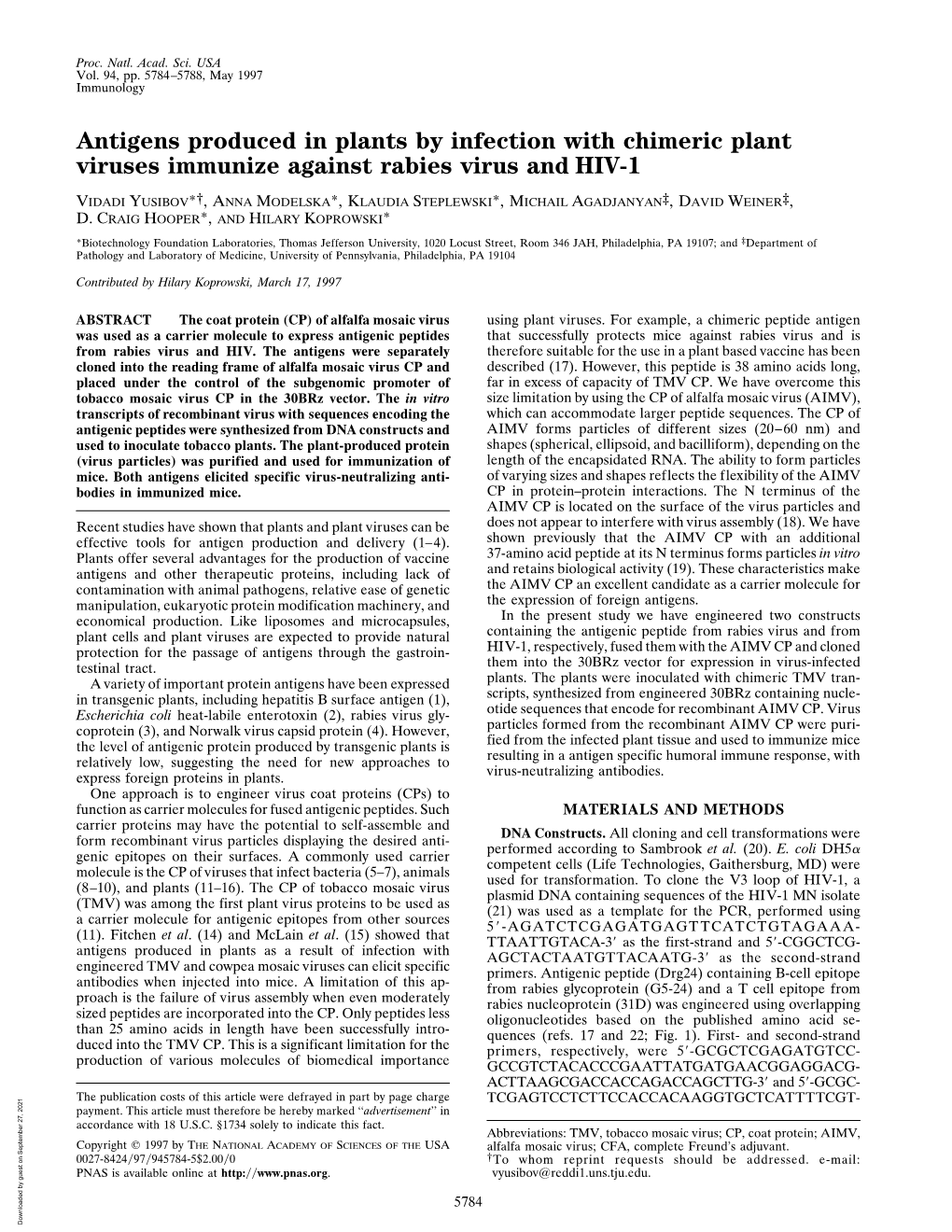 Antigens Produced in Plants by Infection with Chimeric Plant Viruses Immunize Against Rabies Virus and HIV-1