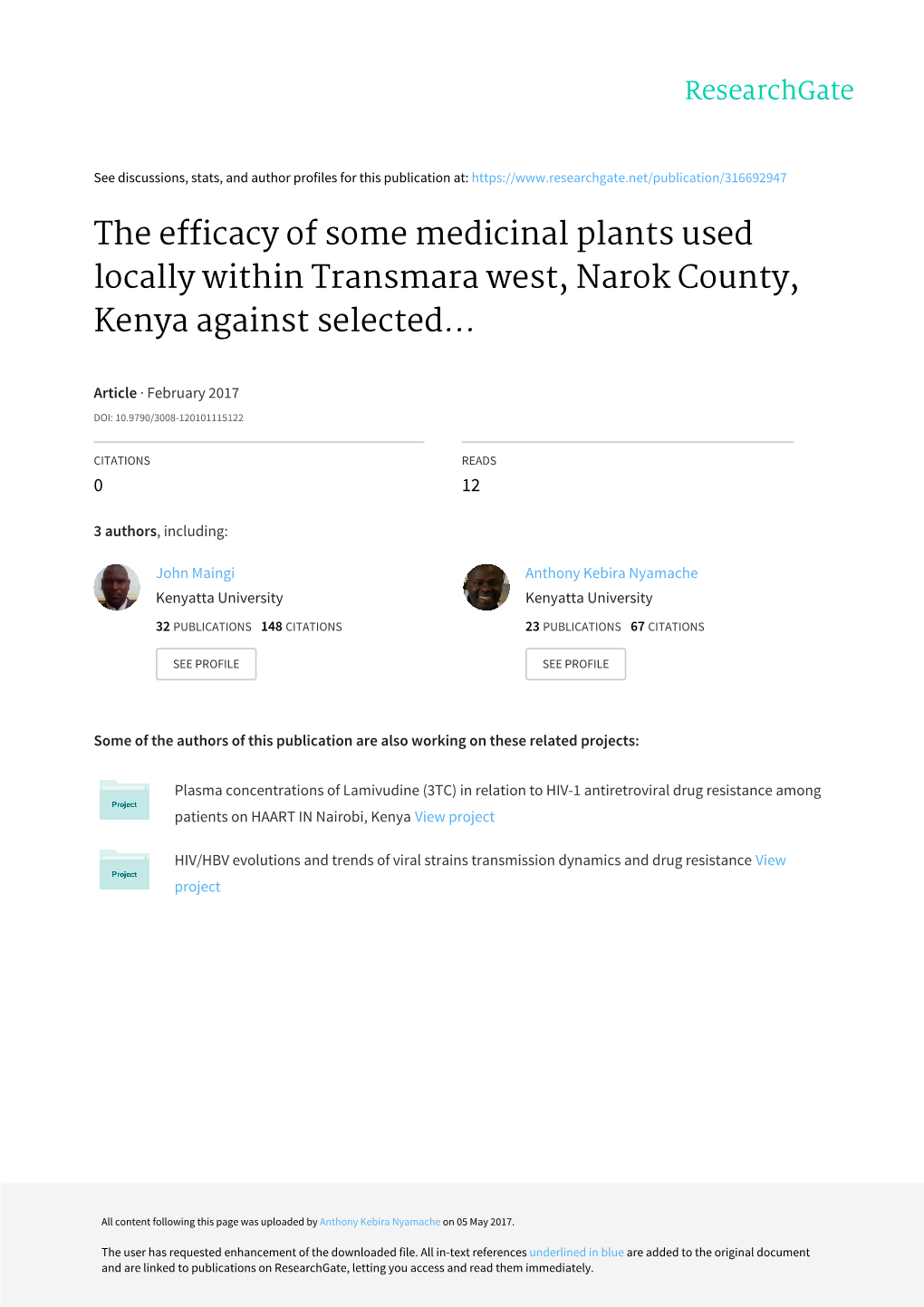 The Efficacy of Some Medicinal Plants Used Locally Within Transmara West, Narok County, Kenya Against Selected