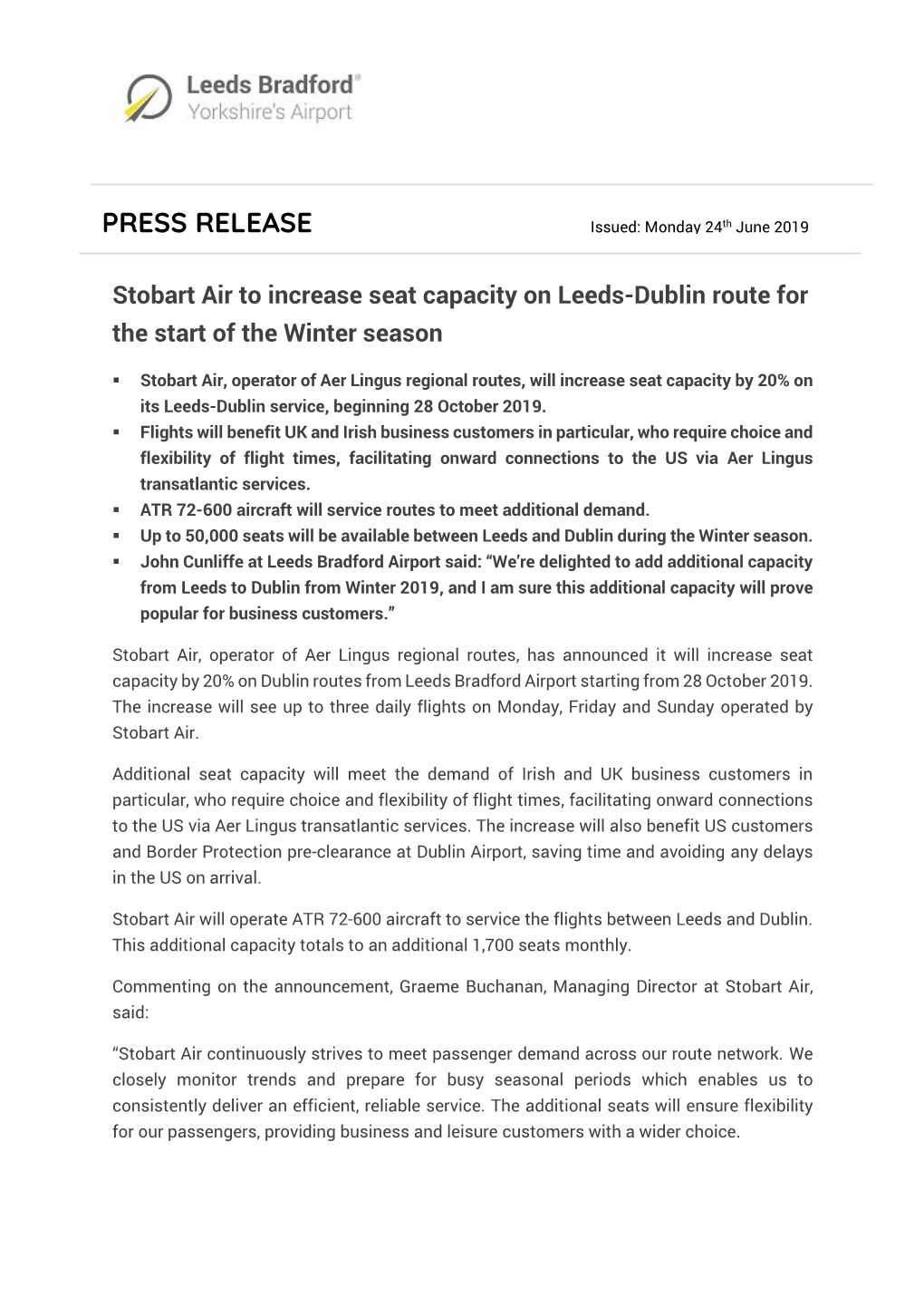PRESS RELEASE Issued: Monday 24Th June 2019