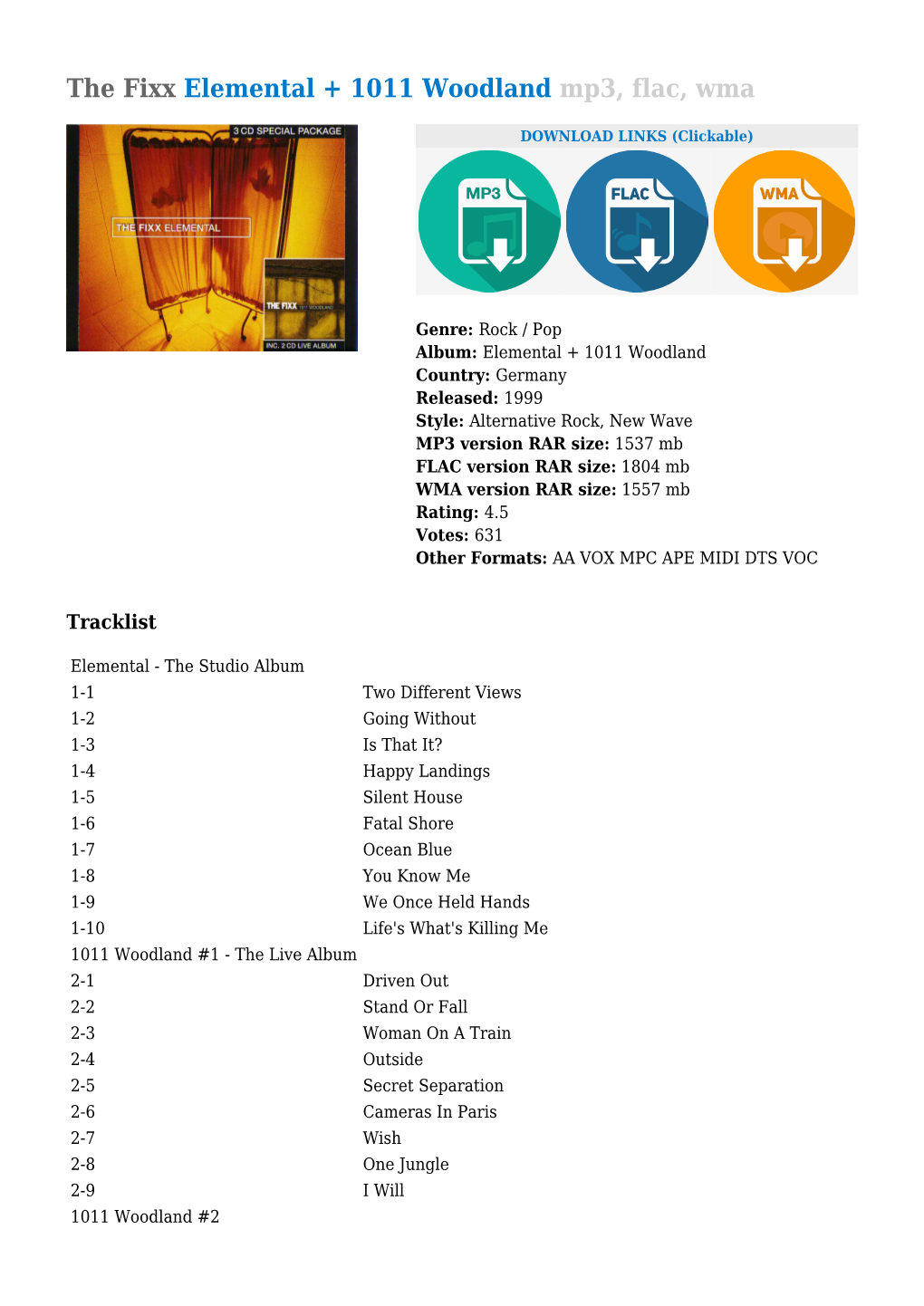 The Fixx Elemental + 1011 Woodland Mp3, Flac, Wma