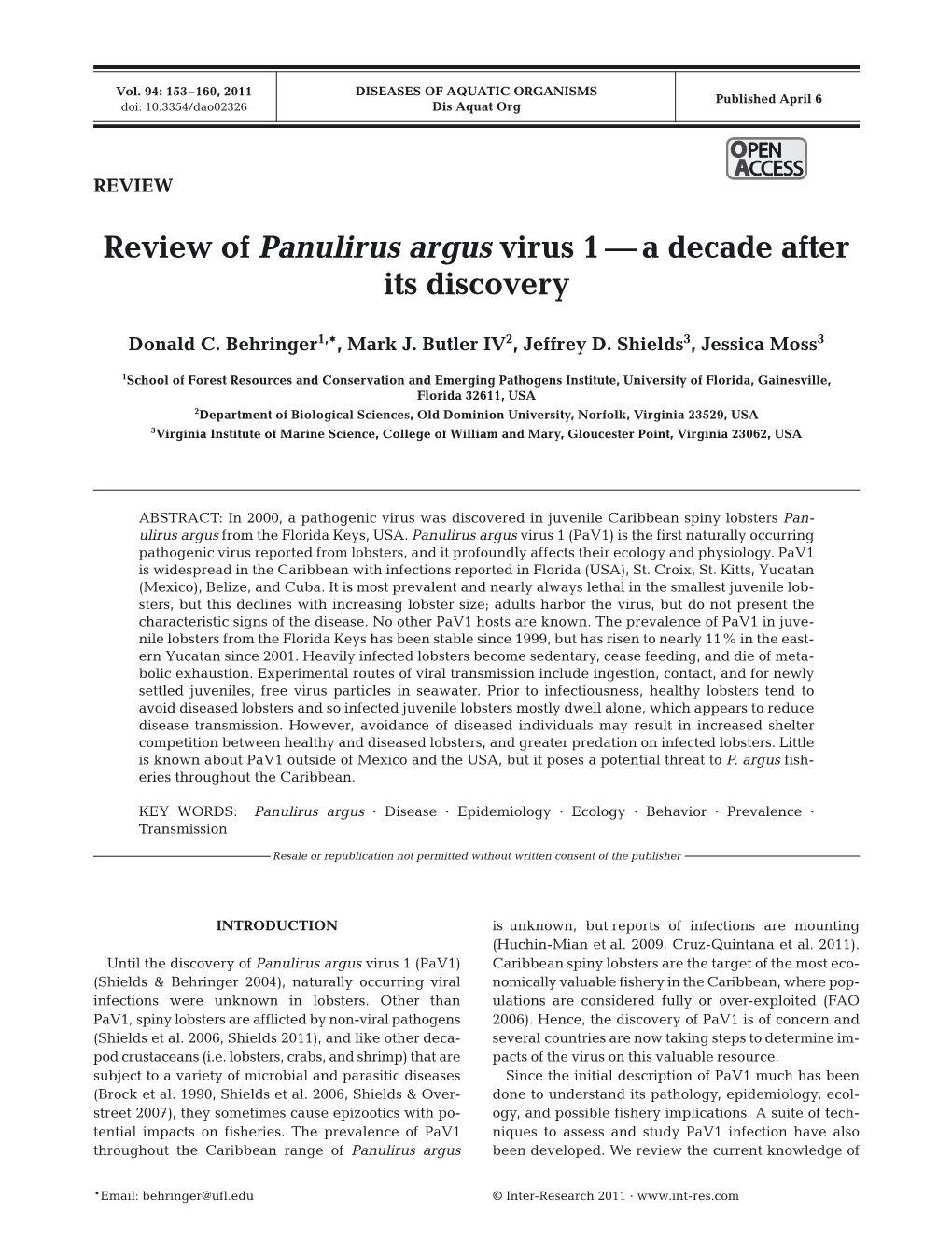 Review of Panulirus Argus Virus 1—A Decade After Its Discovery