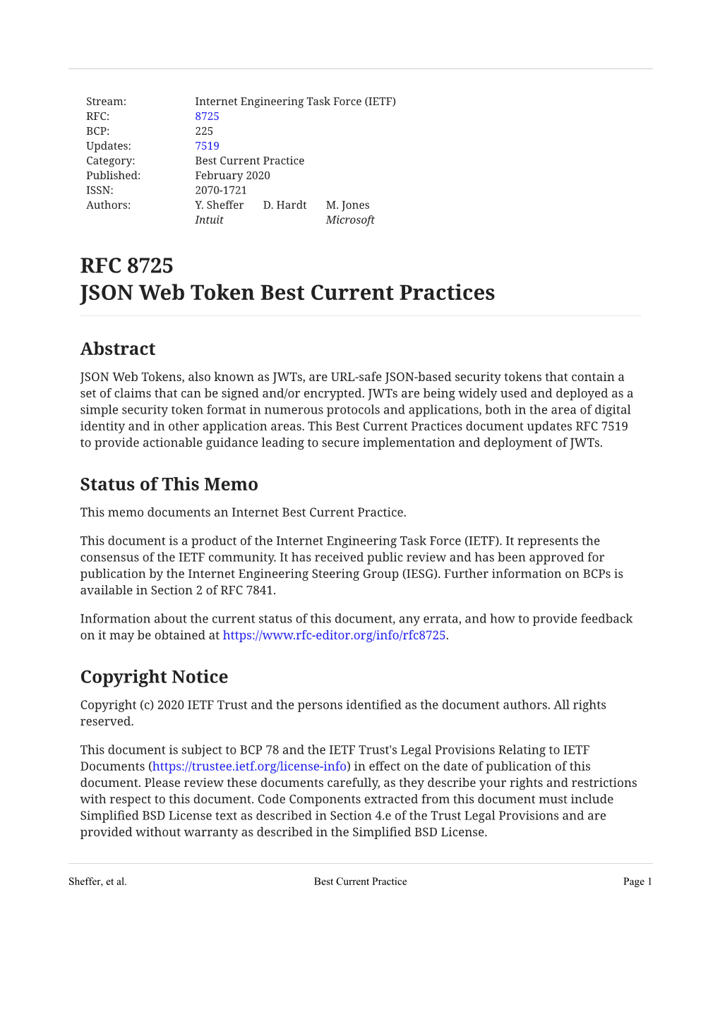 RFC 8725: JSON Web Token Best Current Practices