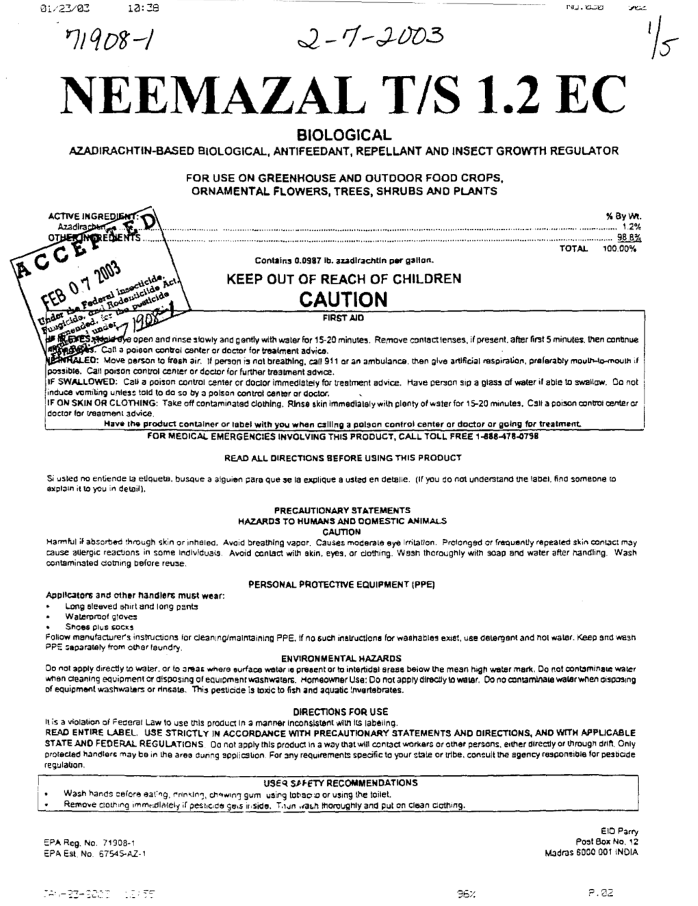 U.S. EPA, Pesticide Product Label, NEEMAZAL T/S 1.2%EC