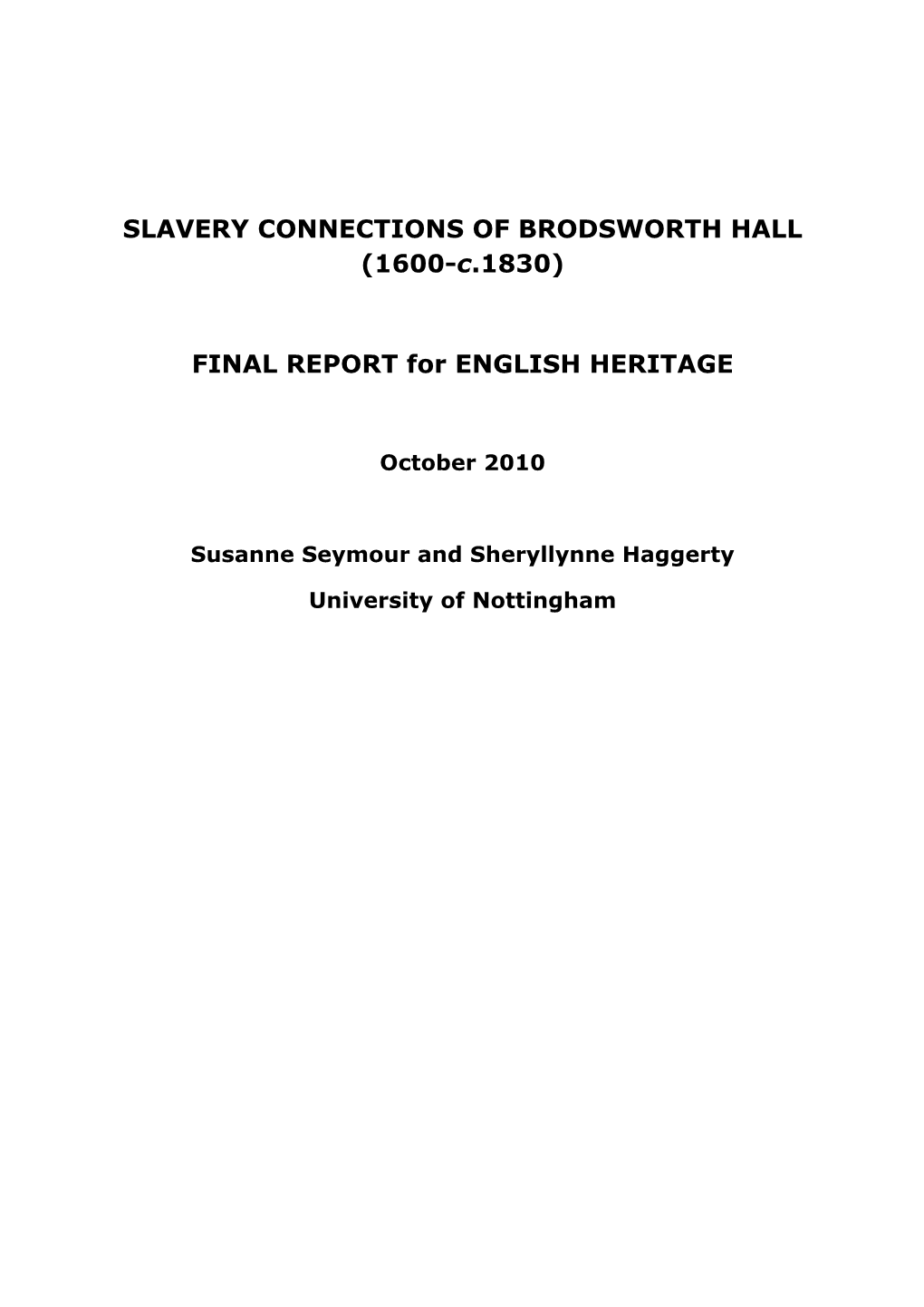 SLAVERY CONNECTIONS of BRODSWORTH HALL (1600-C.1830)