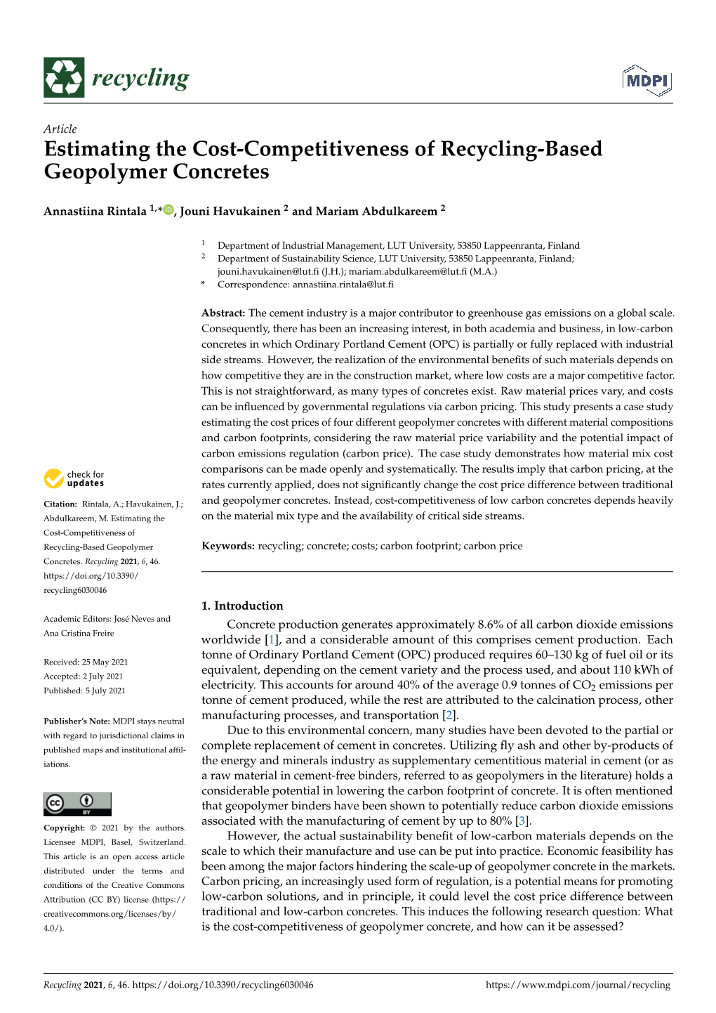 Estimating the Cost-Competitiveness of Recycling-Based Geopolymer Concretes