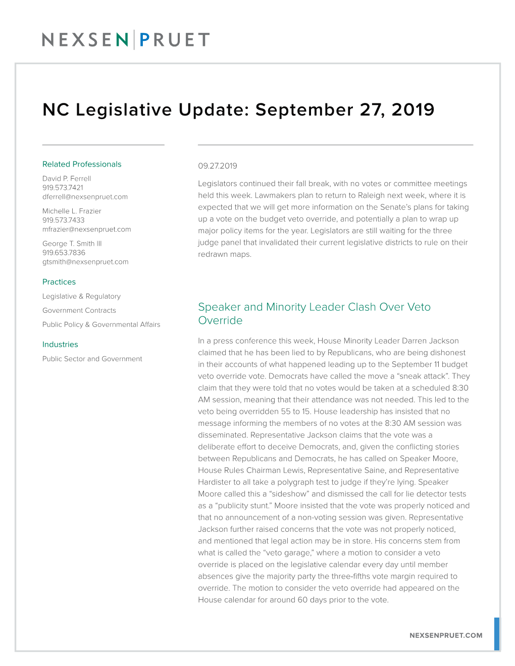 NC Legislative Update: September 27, 2019