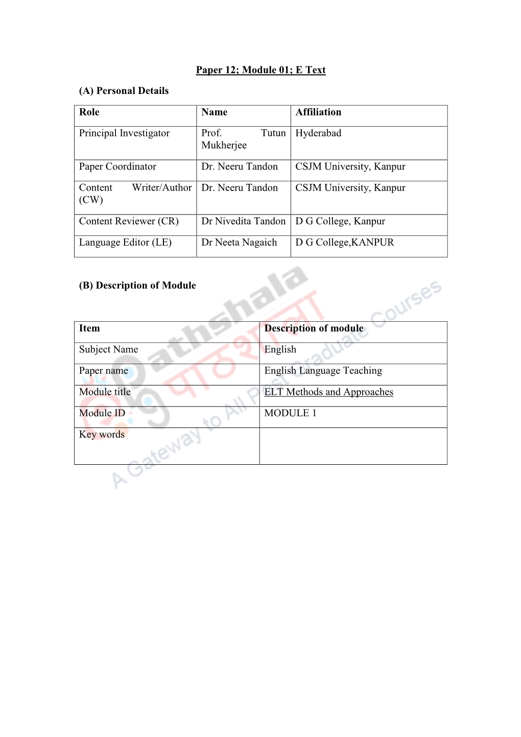 Paper 12; Module 01; E Text (A) Personal Details