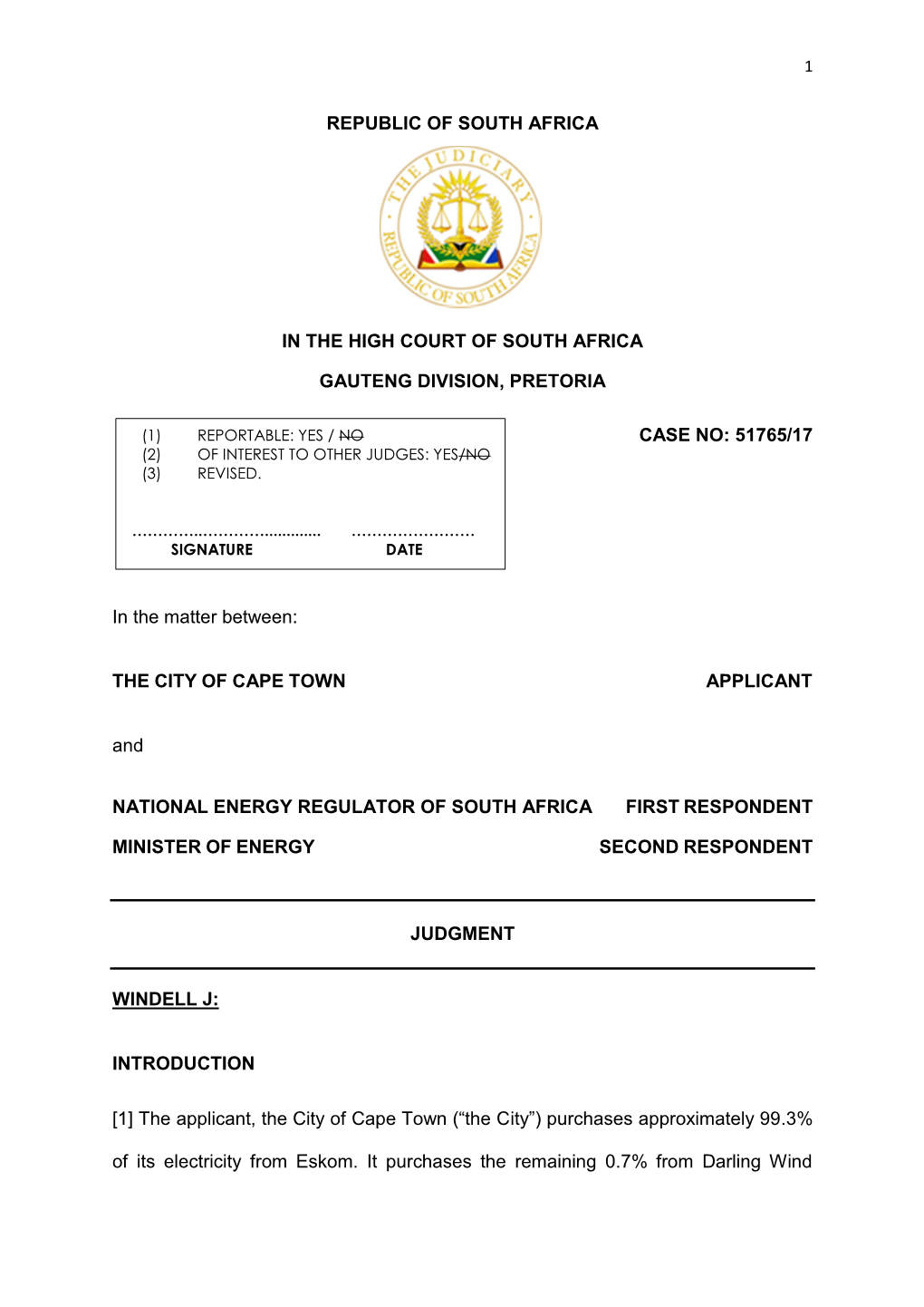 City of Cape Town Vs National Regulator of South Africa and Minister of Energy