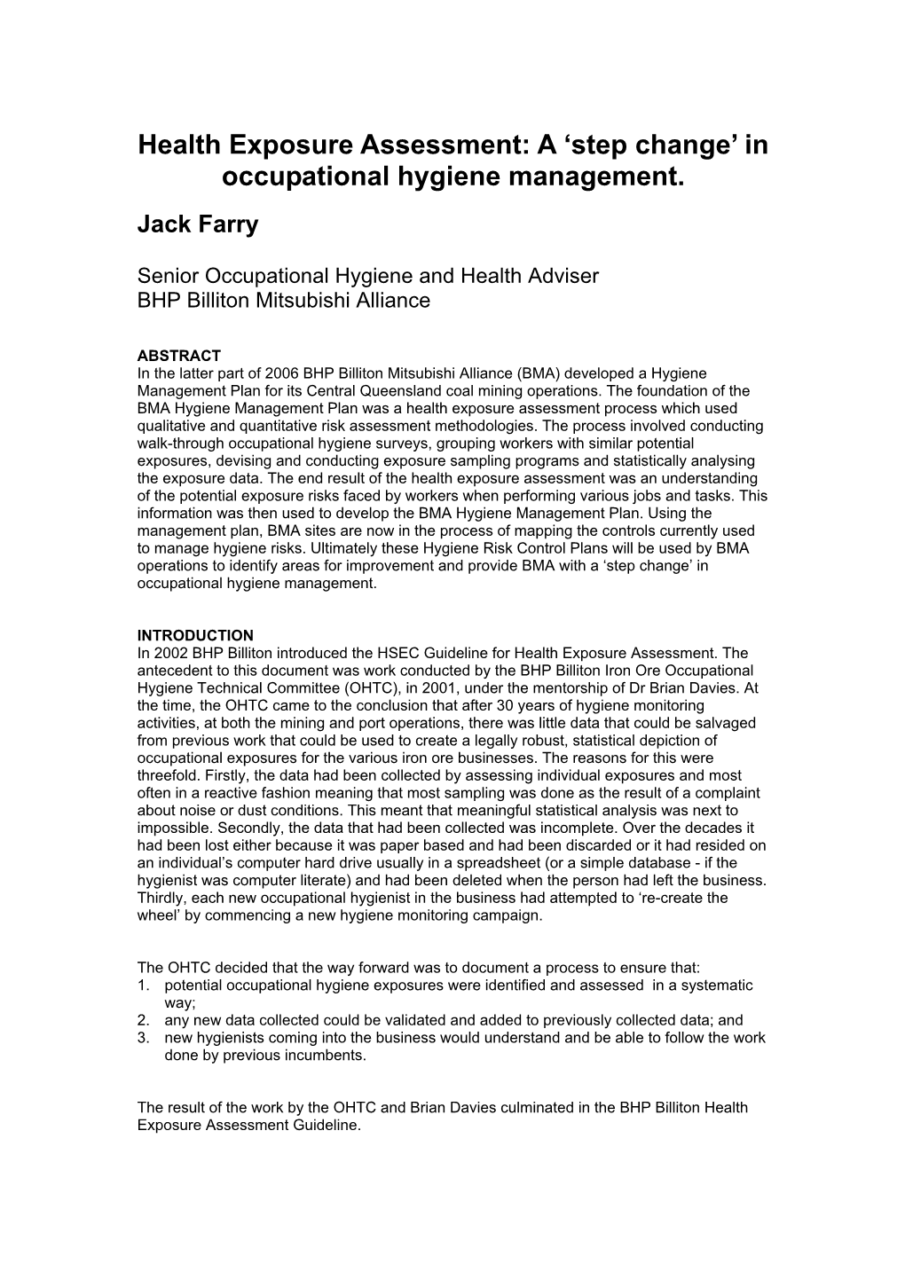 In Occupational Hygiene Management. Jack Farry