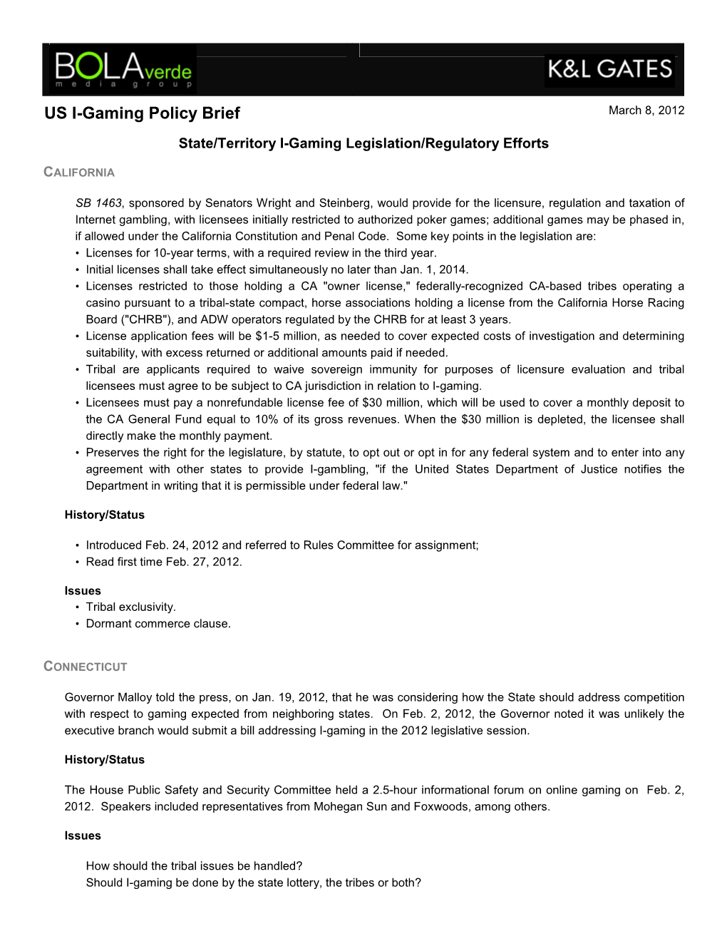 US I-Gaming Policy Brief March 8, 2012