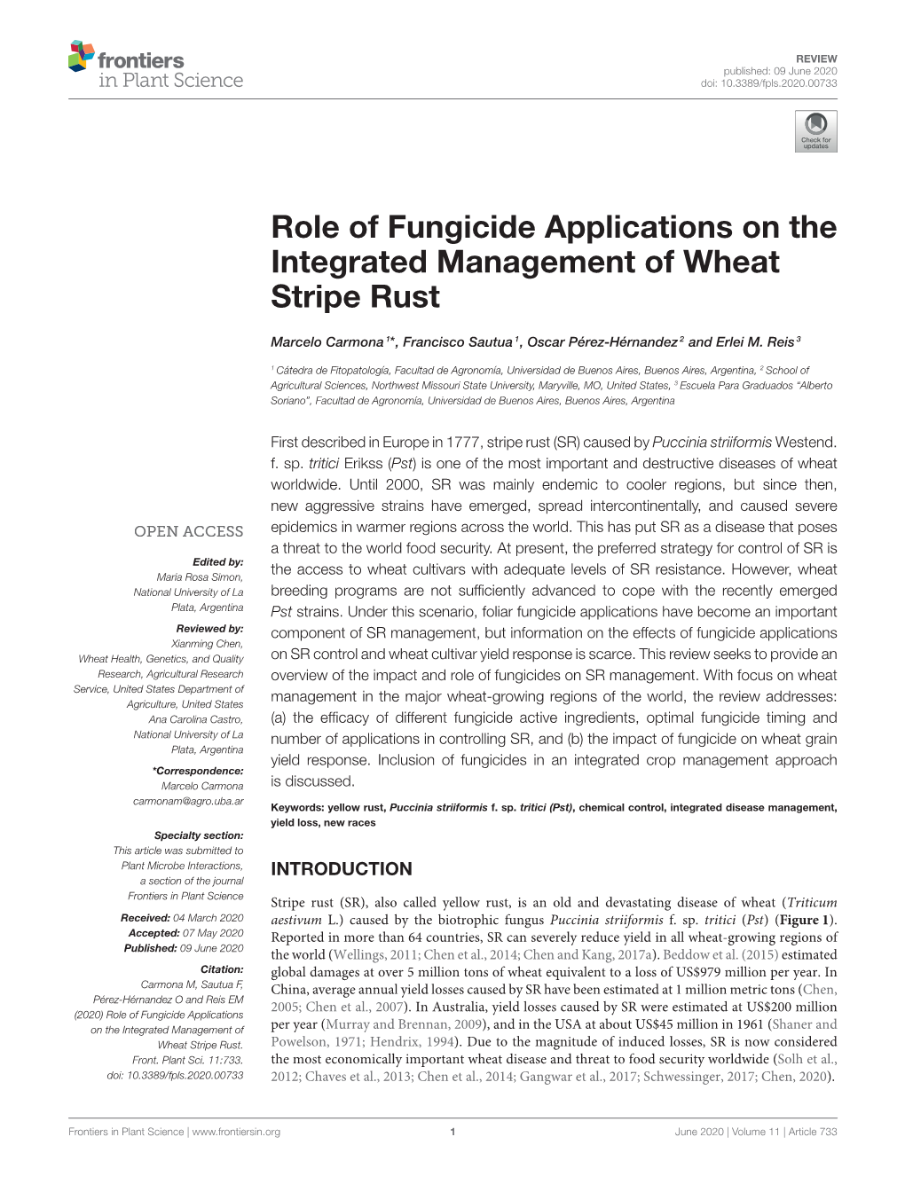 Role of Fungicide Applications on the Integrated Management of Wheat Stripe Rust