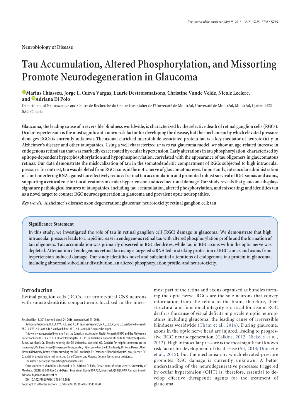 Tau Accumulation, Altered Phosphorylation, and Missorting Promote Neurodegeneration in Glaucoma
