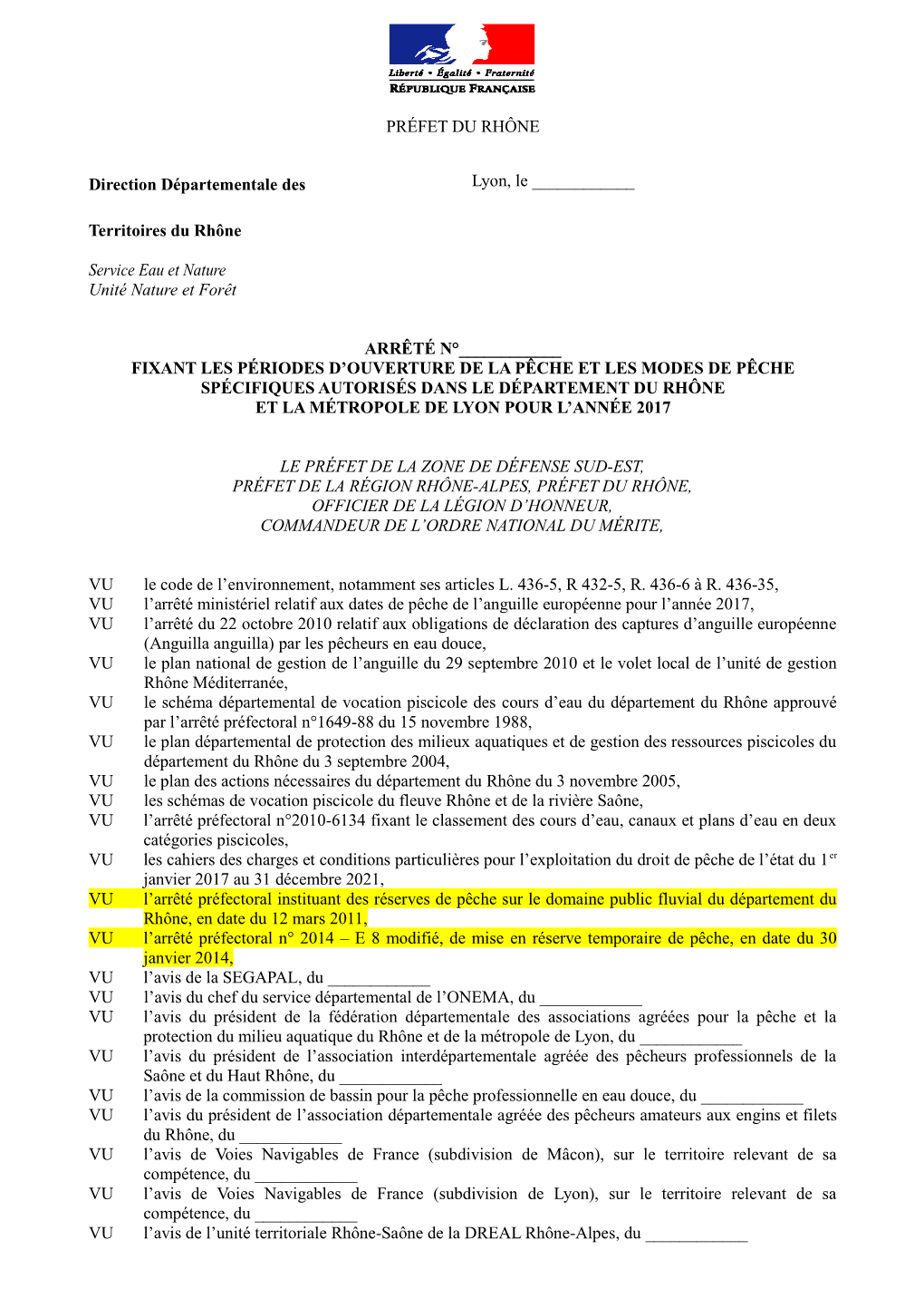 PRÉFET DU RHÔNE Direction Départementale Des Territoires Du