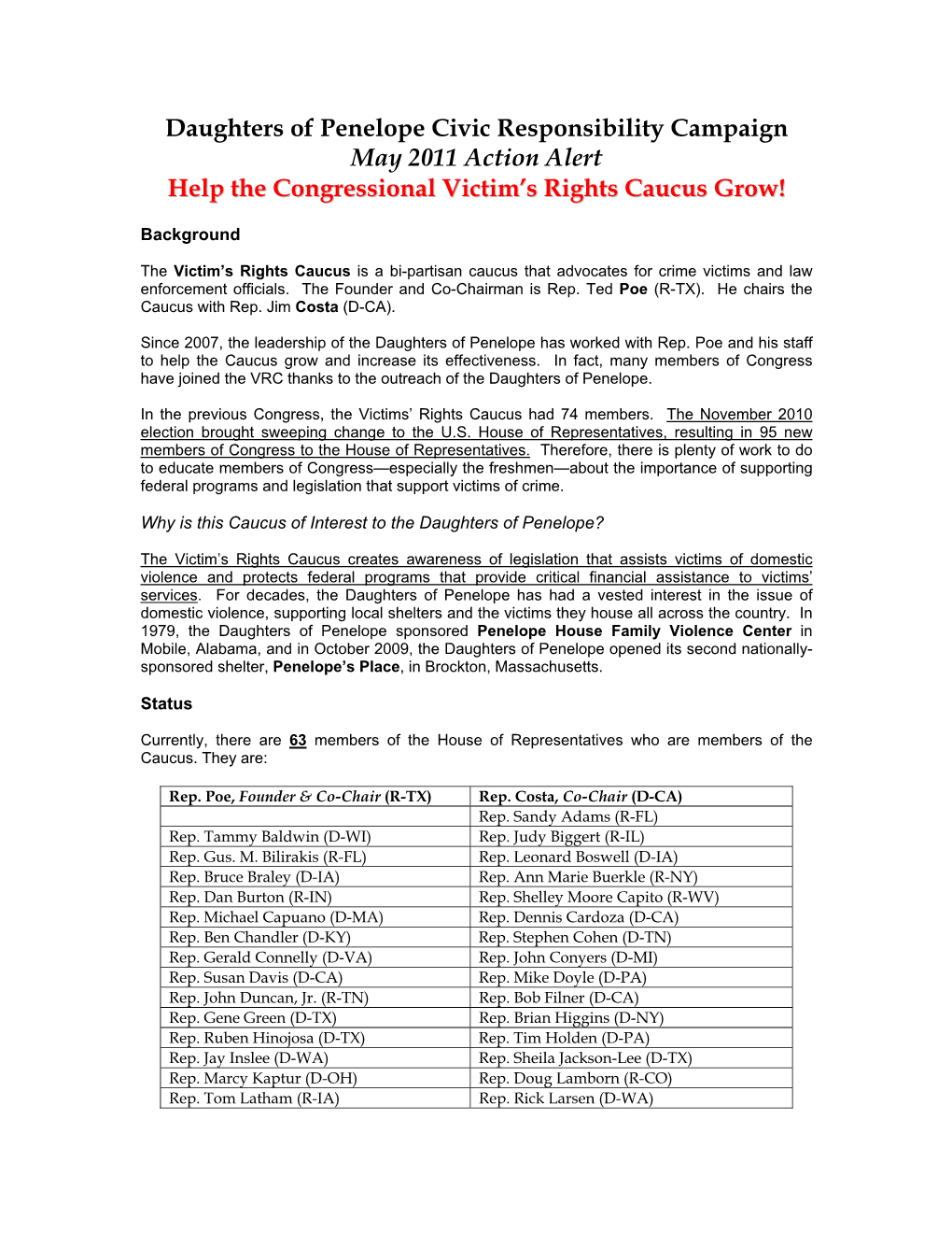 Daughters of Penelope Civic Responsibility Campaign May 2011 Action Alert Help the Congressional Victim’S Rights Caucus Grow!