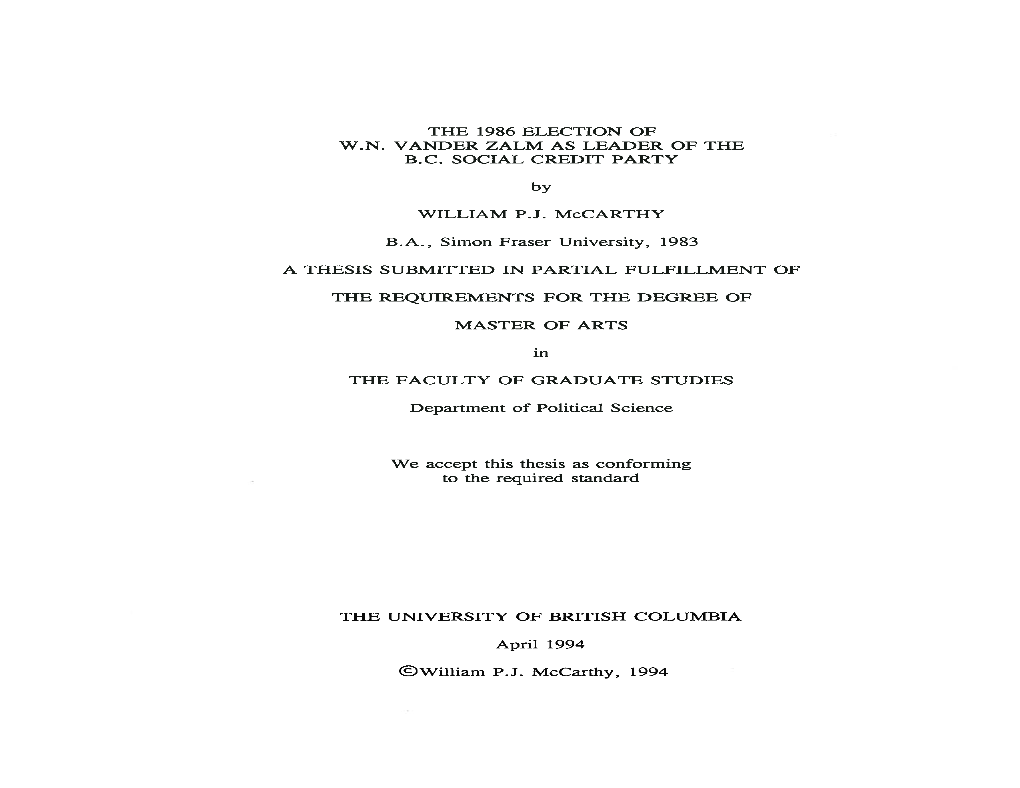 The 1986 Election of W.N. Vander Zalm As Leader of the B.C