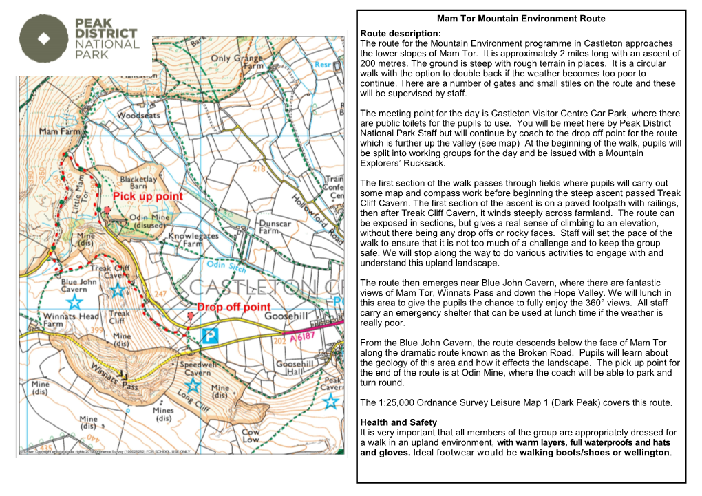 Mam Tor Mountain Environment Route Route Description: the Route for the Mountain Environment Programme in Castleton Approaches the Lower Slopes of Mam Tor