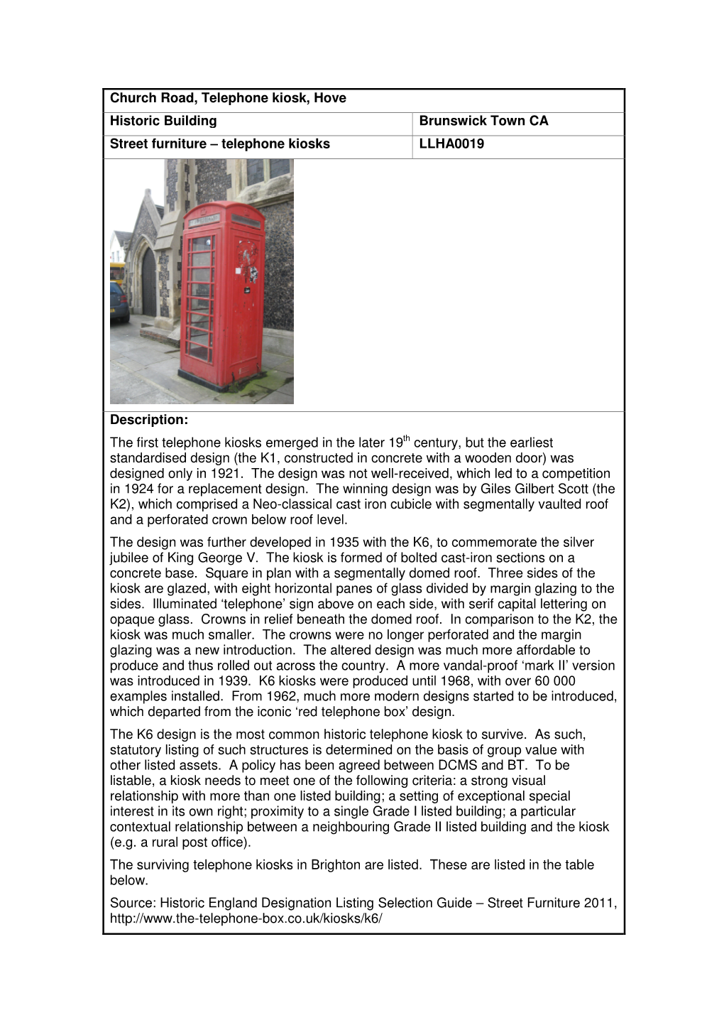 Church Road, Telephone Kiosk, Hove Historic Building Brunswick Town