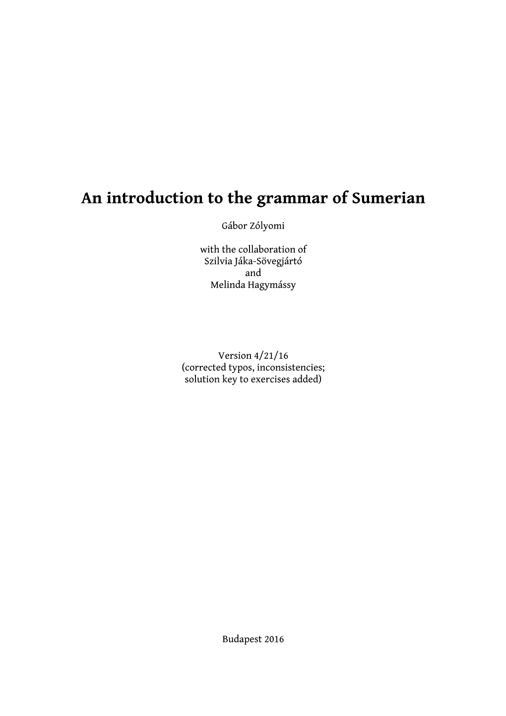 An Introduction to the Grammar of Sumerian