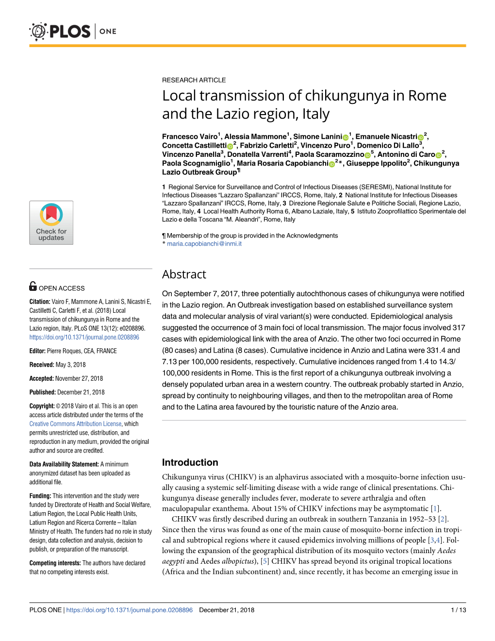 Local Transmission of Chikungunya in Rome and the Lazio Region, Italy