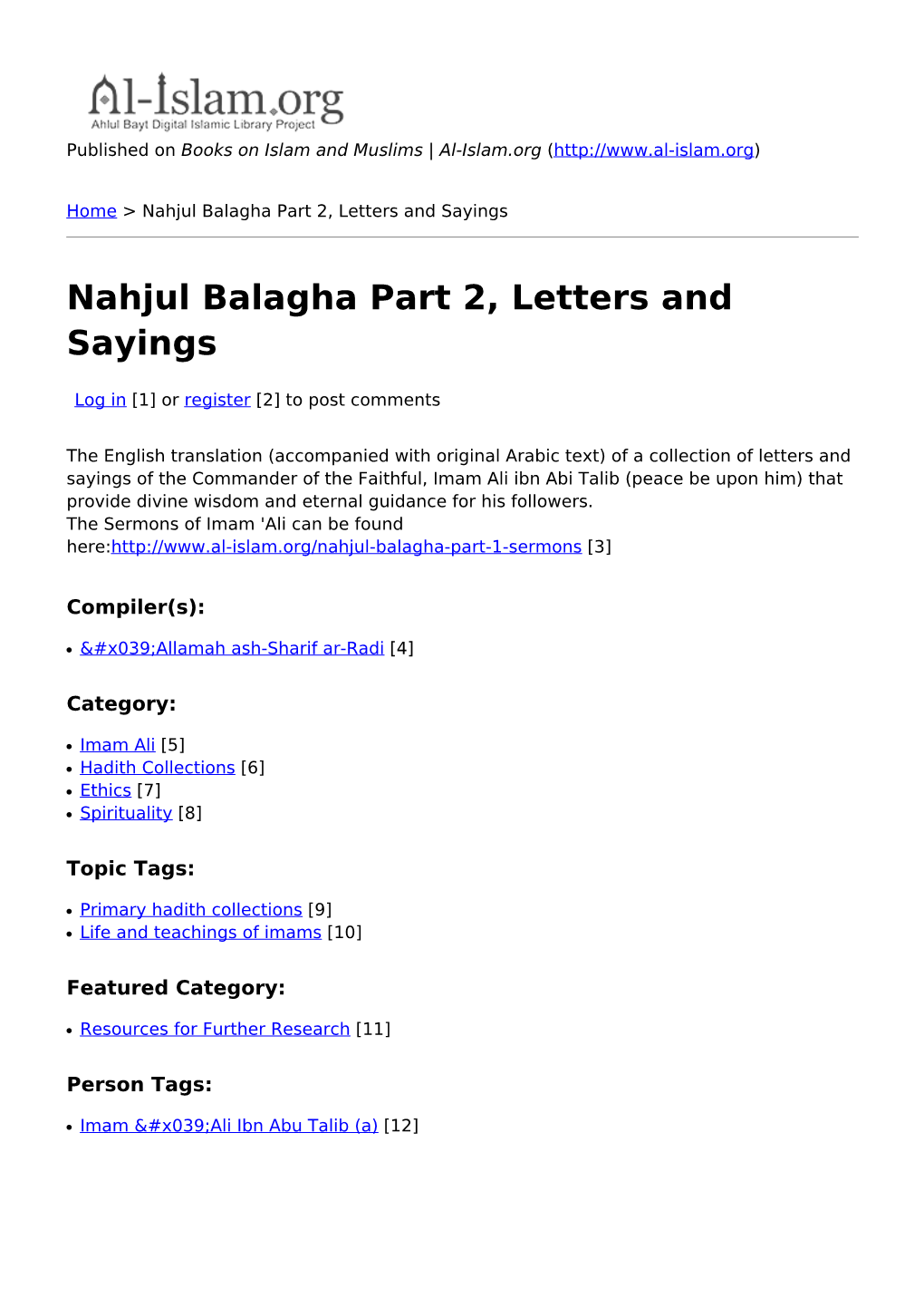 Nahjul Balagha Part 2, Letters and Sayings