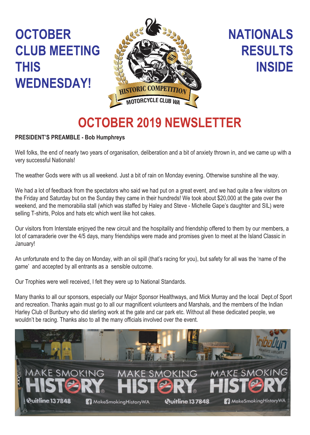 OCTOBER 2019 NEWSLETTER PRESIDENT’S PREAMBLE - Bob Humphreys