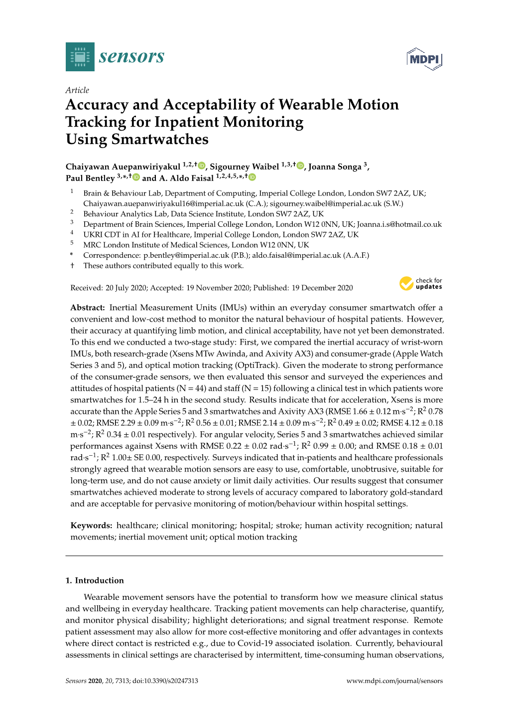 Accuracy and Acceptability of Wearable Motion Tracking for Inpatient Monitoring Using Smartwatches