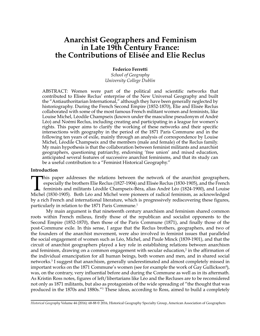 Anarchist Geographers and Feminism in Late 19Th Century France: the Contributions of Elisée and Elie Reclus