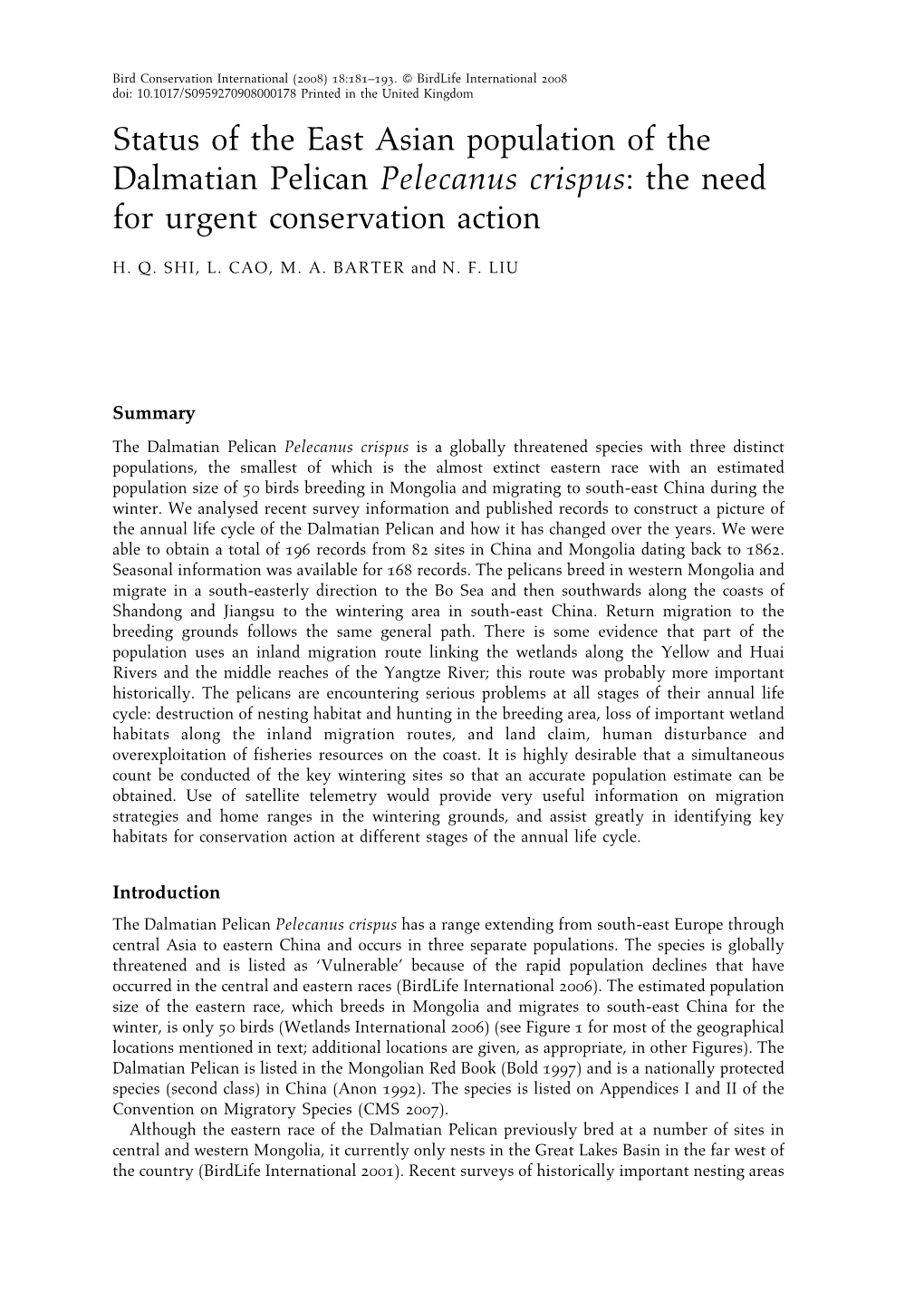 Status of the East Asian Population of the Dalmatian Pelican Pelecanus Crispus: the Need for Urgent Conservation Action