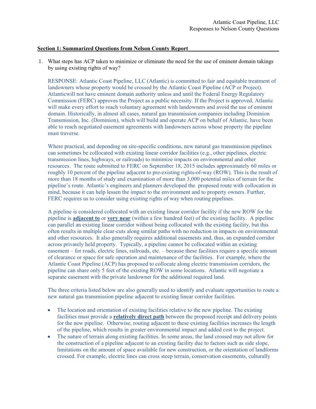 Atlantic Coast Pipeline, LLC Responses to Nelson County Questions