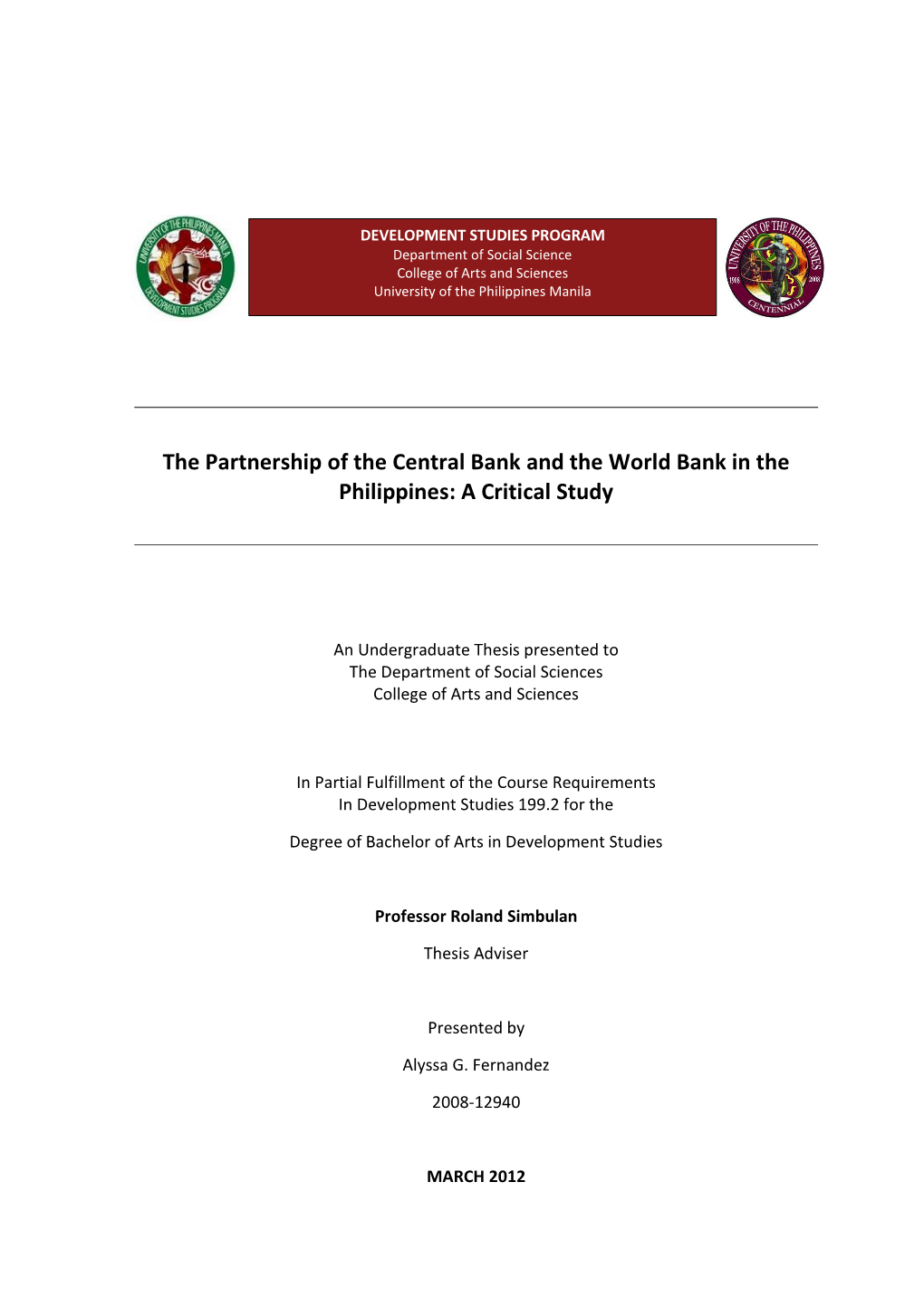 The Partnership of the Central Bank and the World Bank in the Philippines: a Critical Study