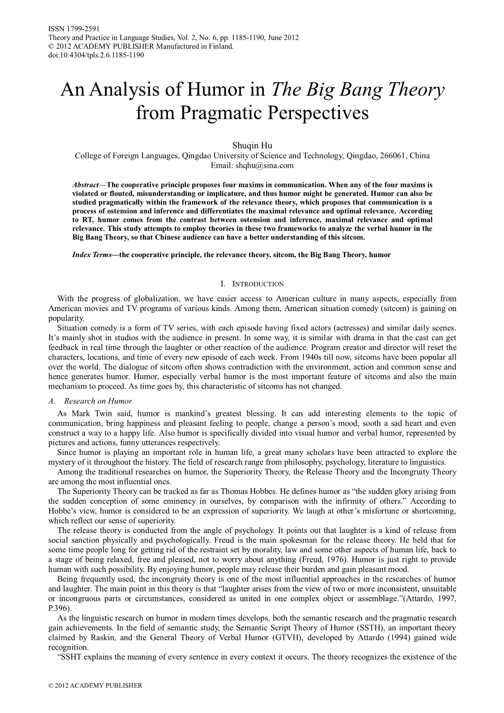 An Analysis of Humor in the Big Bang Theory from Pragmatic Perspectives