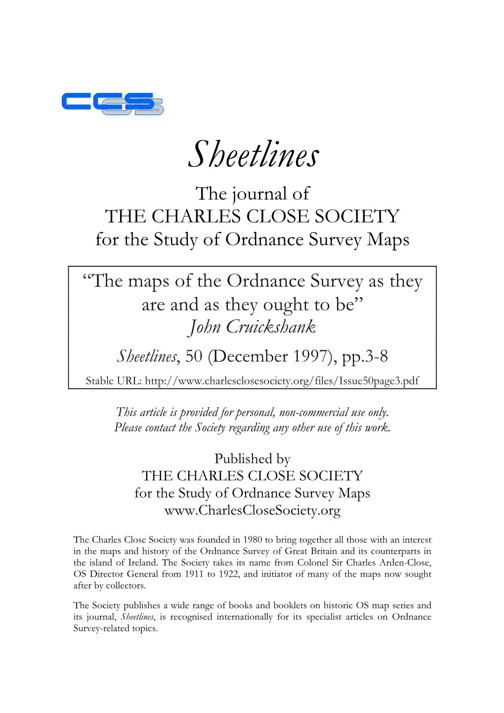 Sheetlines the Journal of the CHARLES CLOSE SOCIETY for the Study of Ordnance Survey Maps