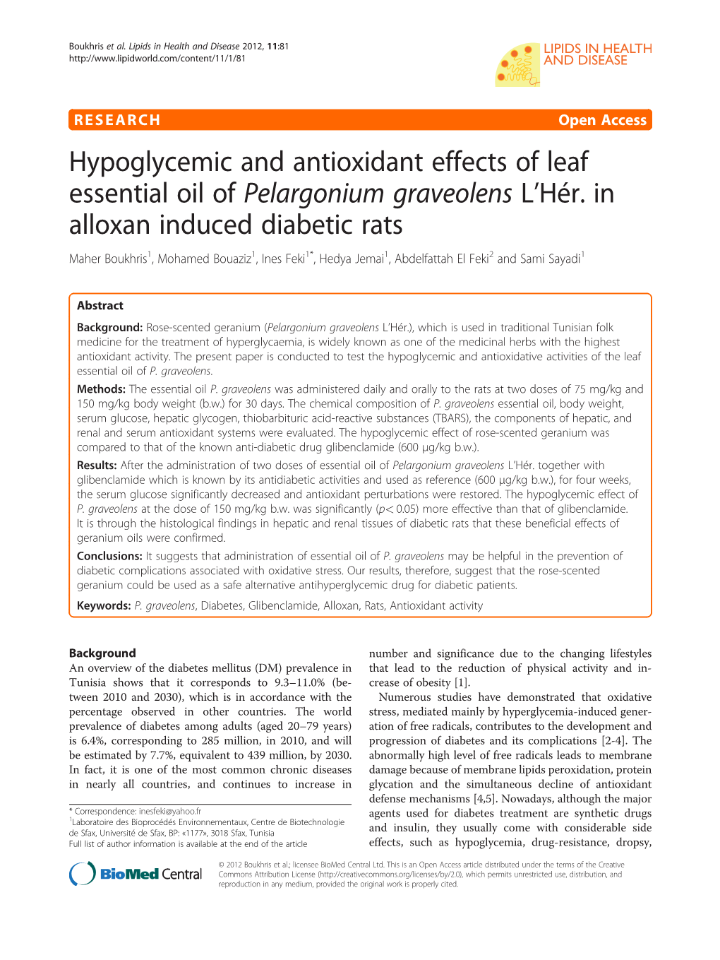 Hypoglycemic and Antioxidant Effects of Leaf Essential Oil of Pelargonium Graveolens L’Hér