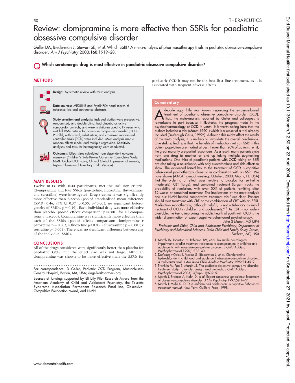 Review: Clomipramine Is More Effective Than Ssris for Paediatric Obsessive Compulsive Disorder Geller DA, Biederman J, Stewart SE, Et Al