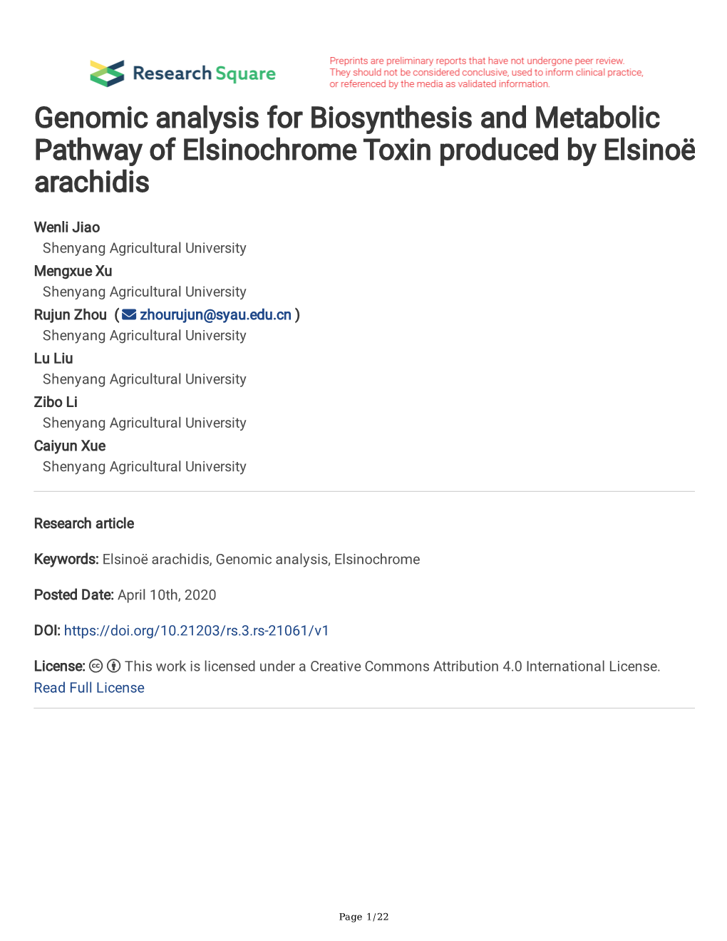 Genomic Analysis for Biosynthesis and Metabolic Pathway of Elsinochrome Toxin Produced by Elsinoë Arachidis