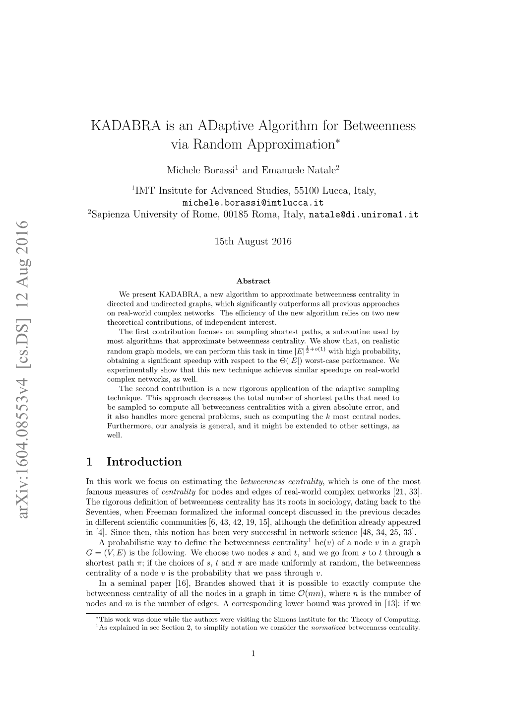 KADABRA Is an Adaptive Algorithm for Betweenness Via Random Approximation∗