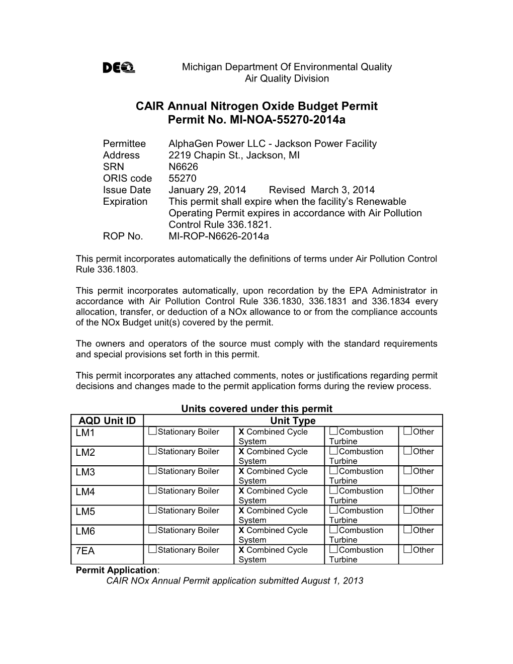 CAIR Annual Nitrogen Oxide Budget Permit