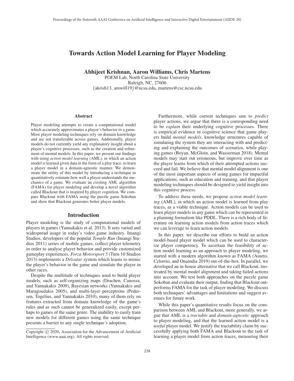 Towards Action Model Learning for Player Modeling