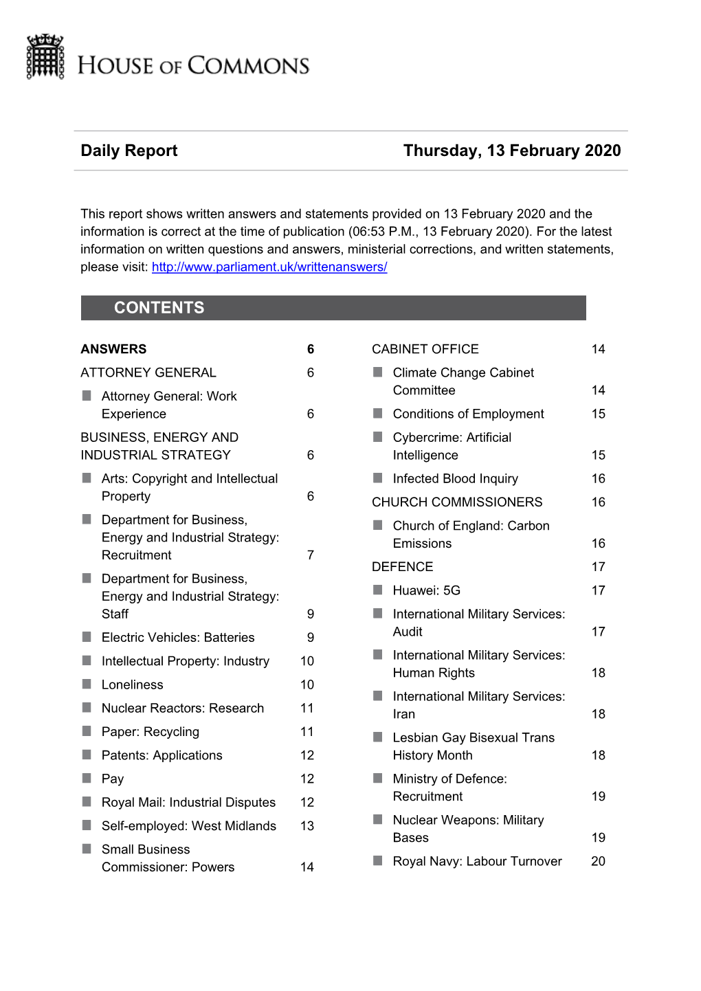 Daily Report Thursday, 13 February 2020 CONTENTS