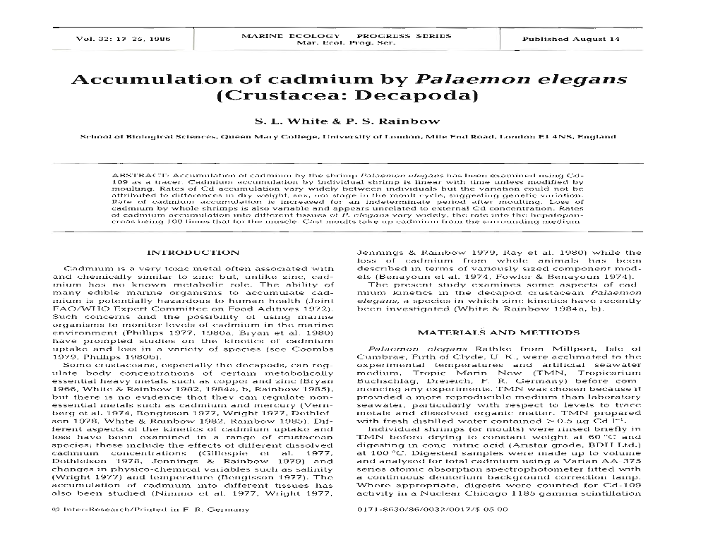 Accumulation of Cadmium by Palaemon Elegans (Crustacea: Decapoda)