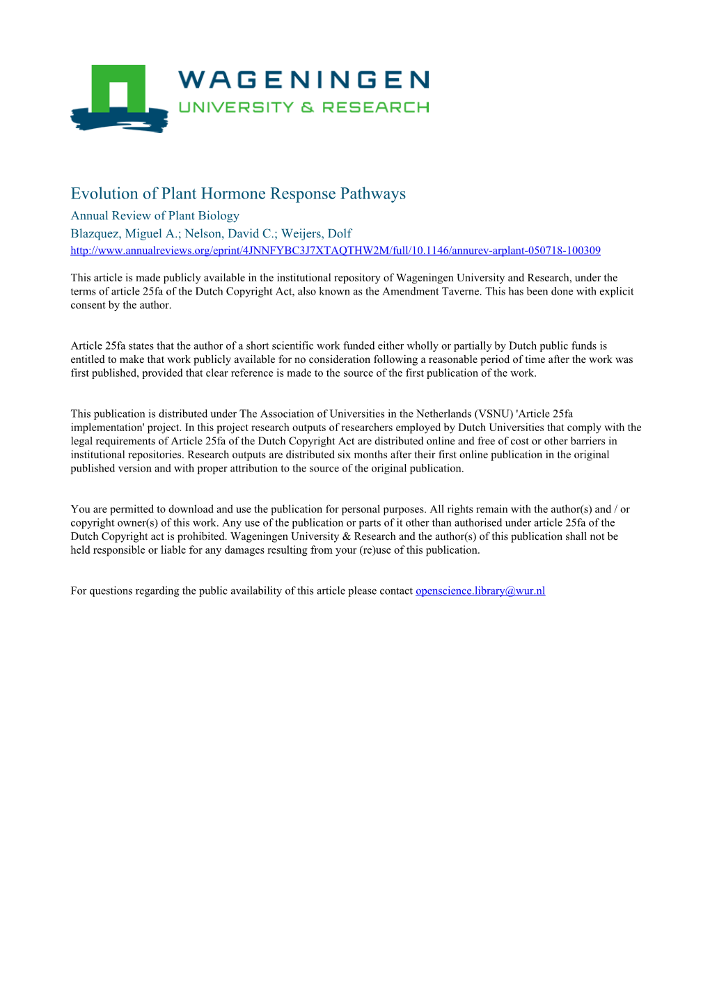 Evolution of Plant Hormone Response Pathways