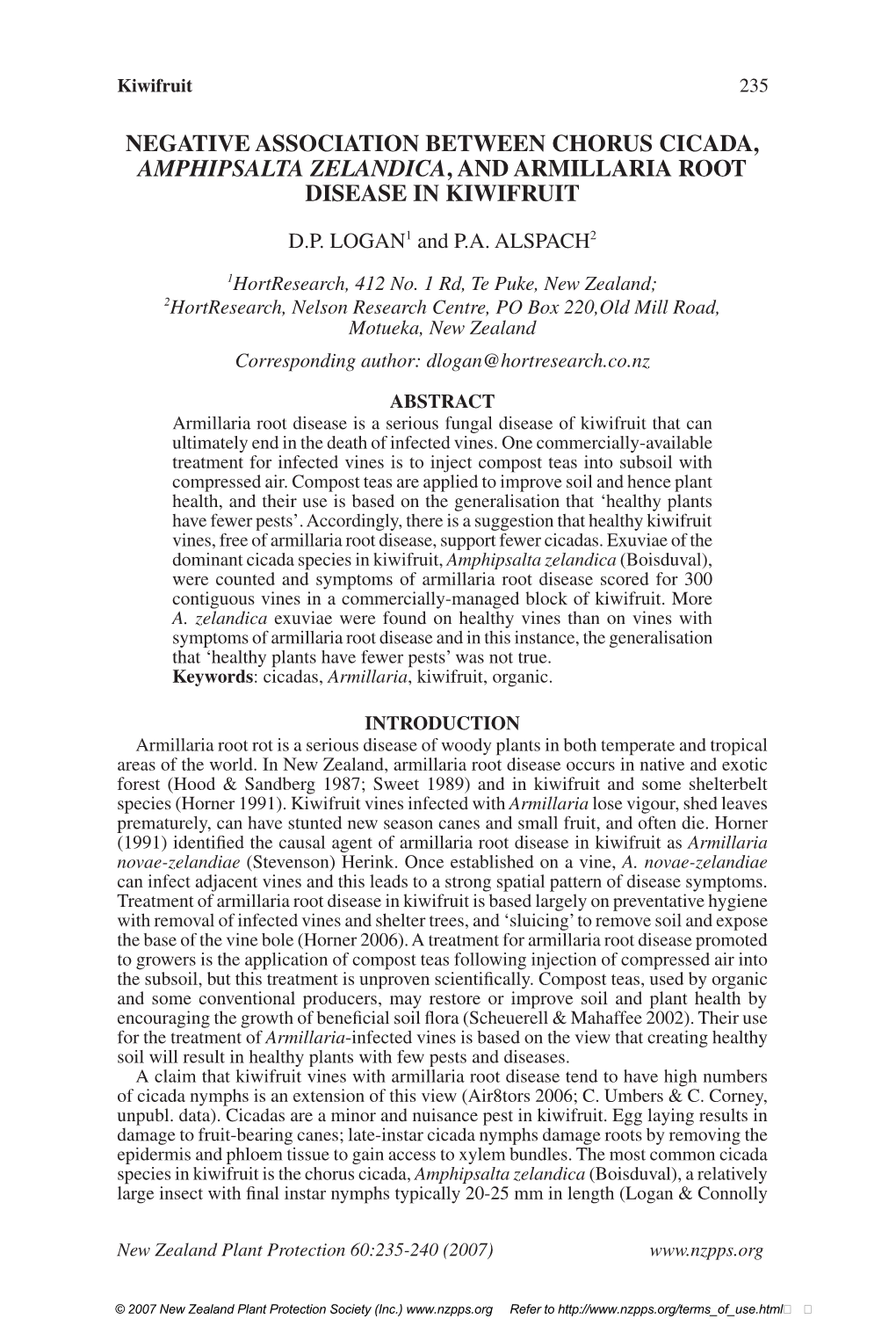 Negative Association Between Chorus Cicada, Amphipsalta Zelandica, and Armillaria Root Disease in Kiwifruit