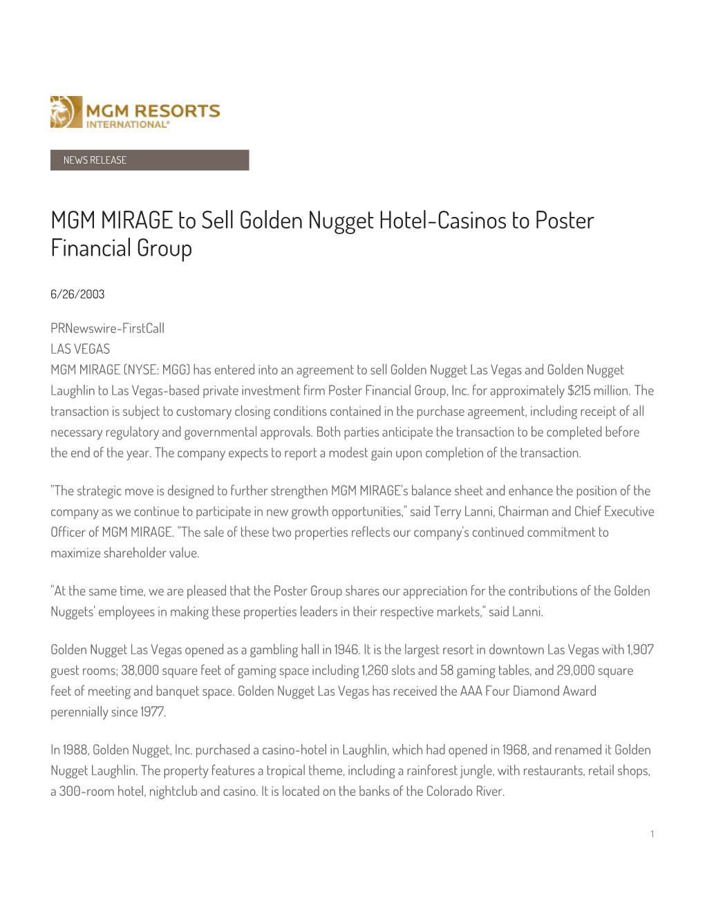 MGM MIRAGE to Sell Golden Nugget Hotel-Casinos to Poster Financial Group