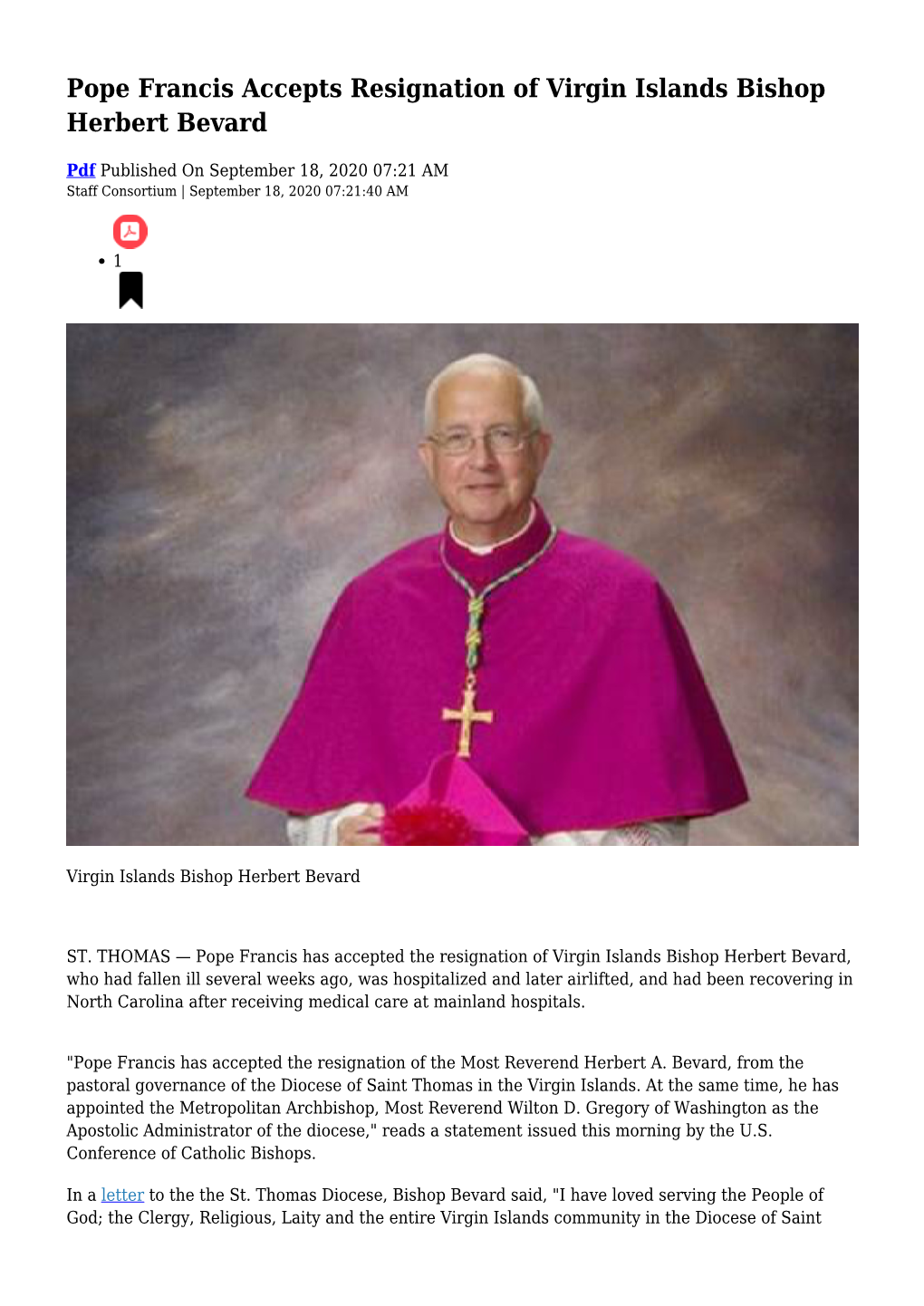 Pope Francis Accepts Resignation of Virgin Islands Bishop Herbert Bevard